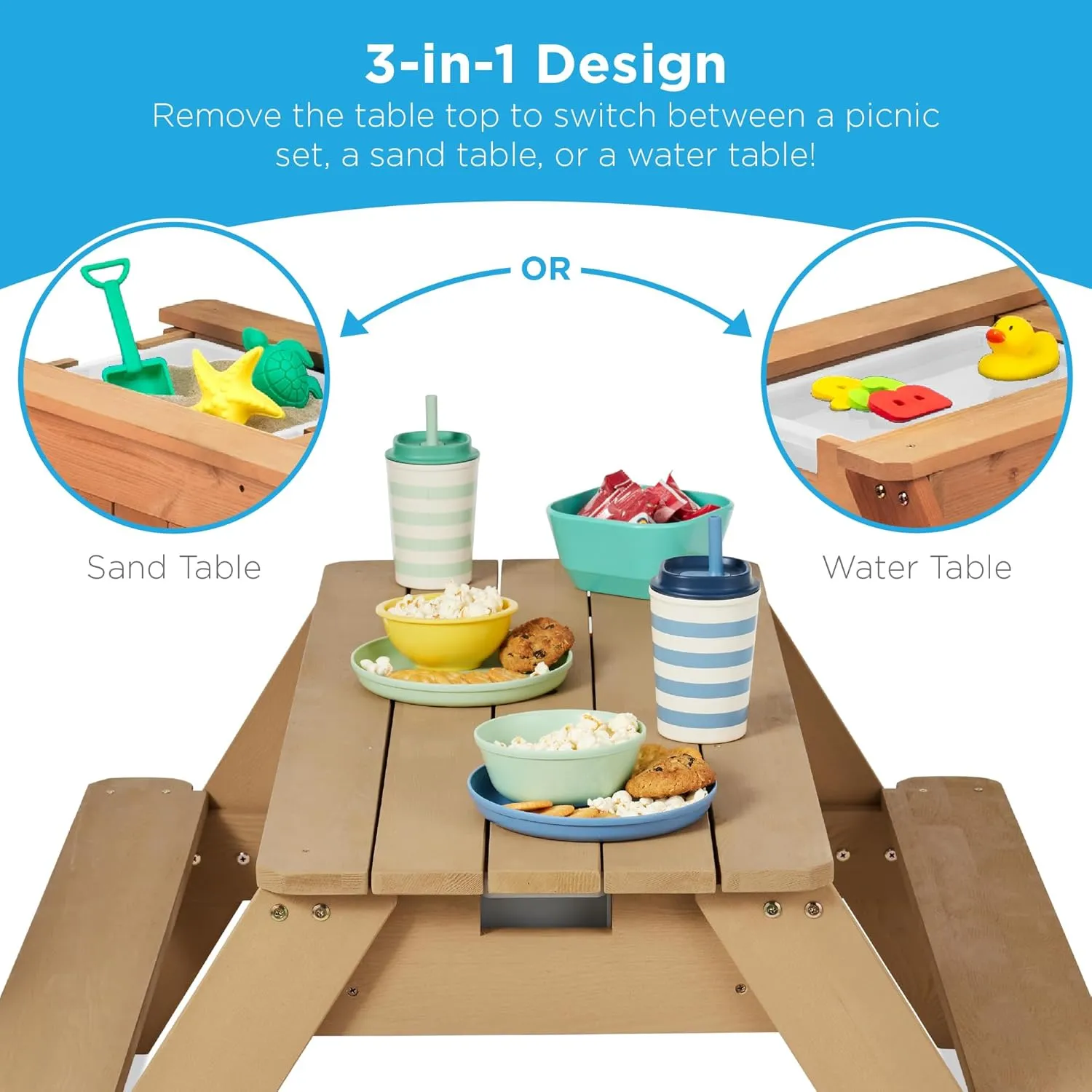 Best Choice Products Kids 3-in-1 Sand & Water Table, Wood Outdoor Convertible Picnic Table w/Umbrella, 2 Trays, Removable Top, 220lb Capacity Per Bench - Navy