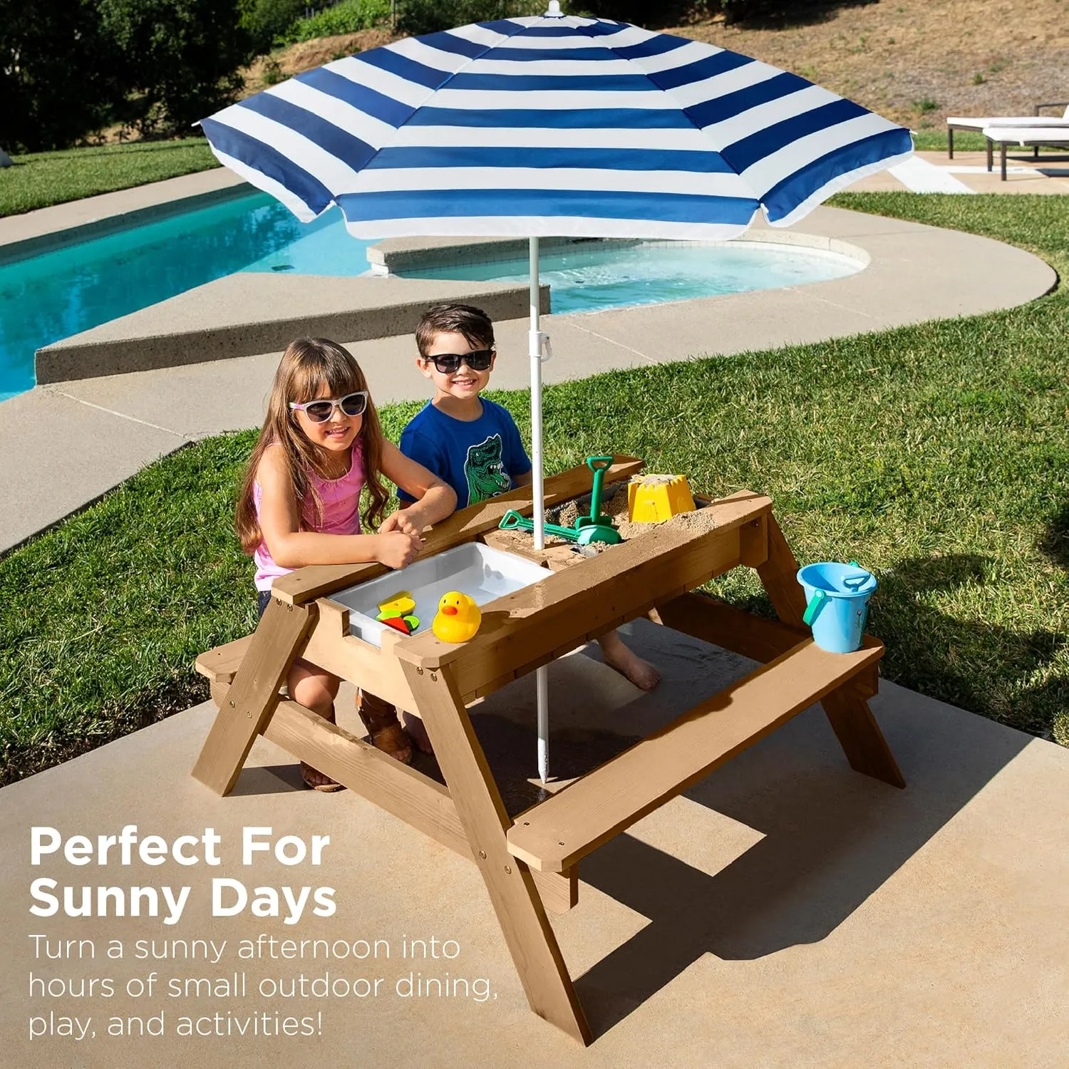 Best Choice Products Kids 3-in-1 Sand & Water Table, Wood Outdoor Convertible Picnic Table w/Umbrella, 2 Trays, Removable Top, 220lb Capacity Per Bench - Navy