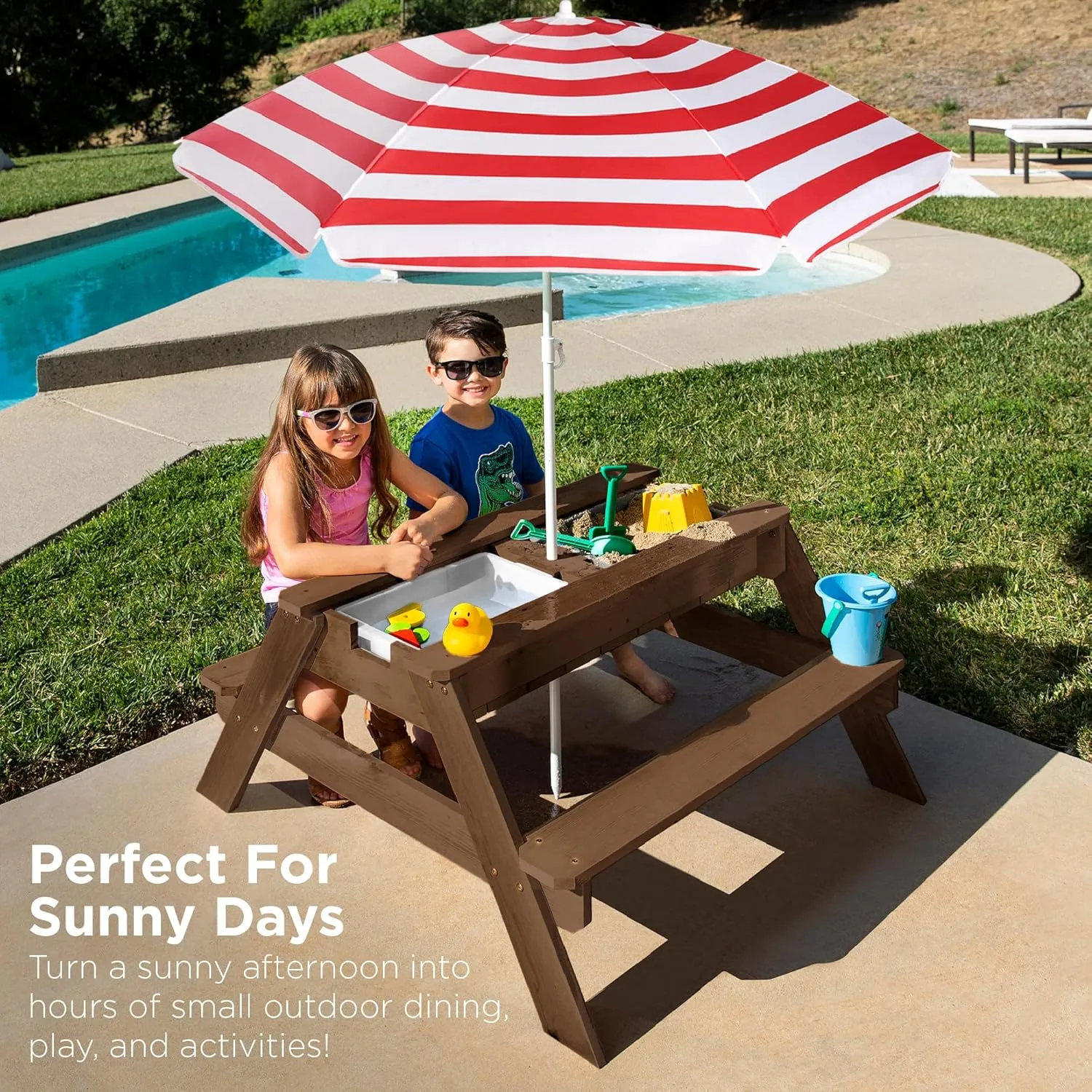 Best Choice Products Kids 3-in-1 Sand & Water Table, Wood Outdoor Convertible Picnic Table w/Umbrella, 2 Trays, Removable Top, 220lb Capacity Per Bench -Walnut/Red
