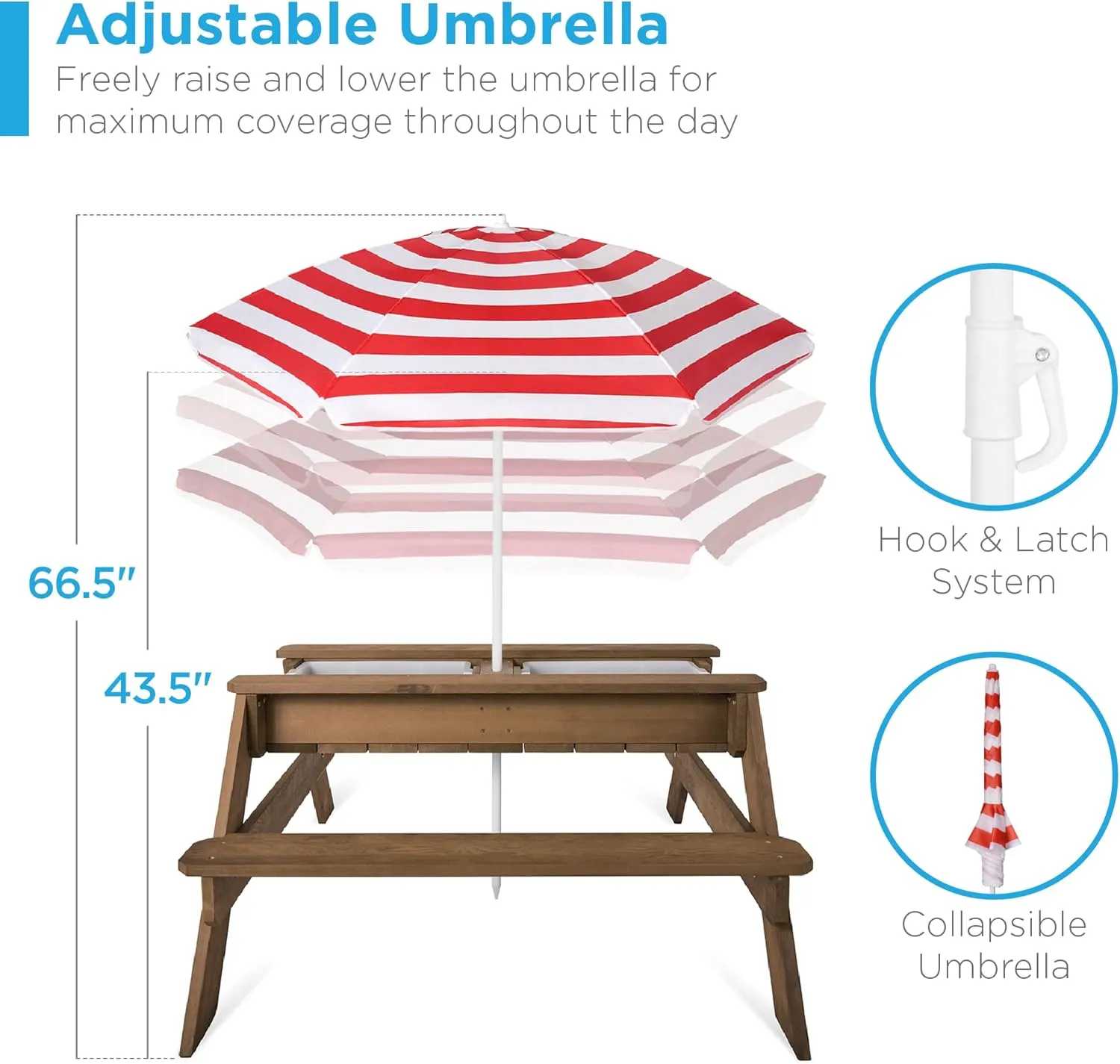 Best Choice Products Kids 3-in-1 Sand & Water Table, Wood Outdoor Convertible Picnic Table w/Umbrella, 2 Trays, Removable Top, 220lb Capacity Per Bench -Walnut/Red