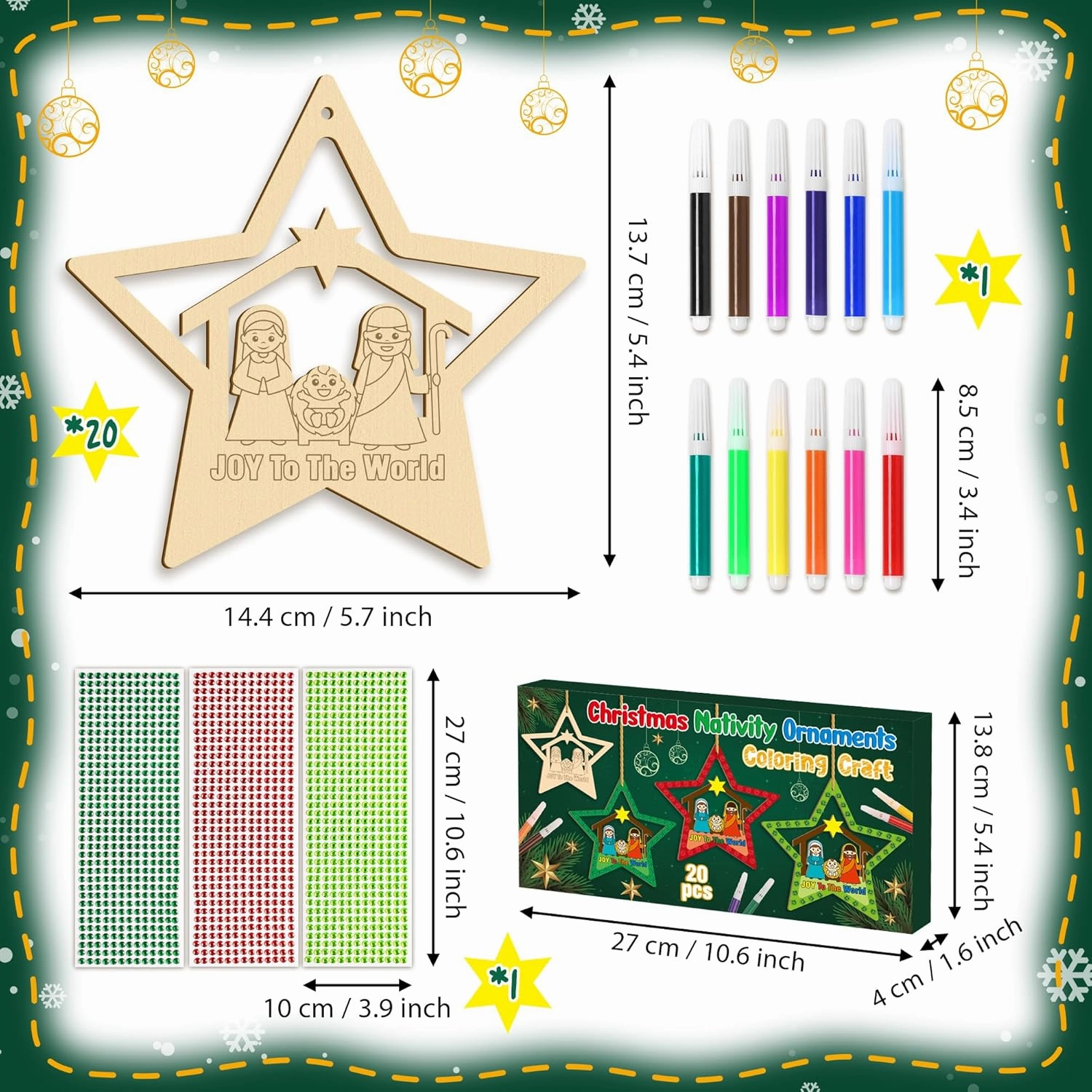 BeYumi Christmas Wooden Star Craft - 20Pcs DIY Wooden Star Ornaments Craft Kit for Kids Make Your Own Nativity Star Christian Religious Xmas Craft with Gem Sticker Church Party Decoration Supplies