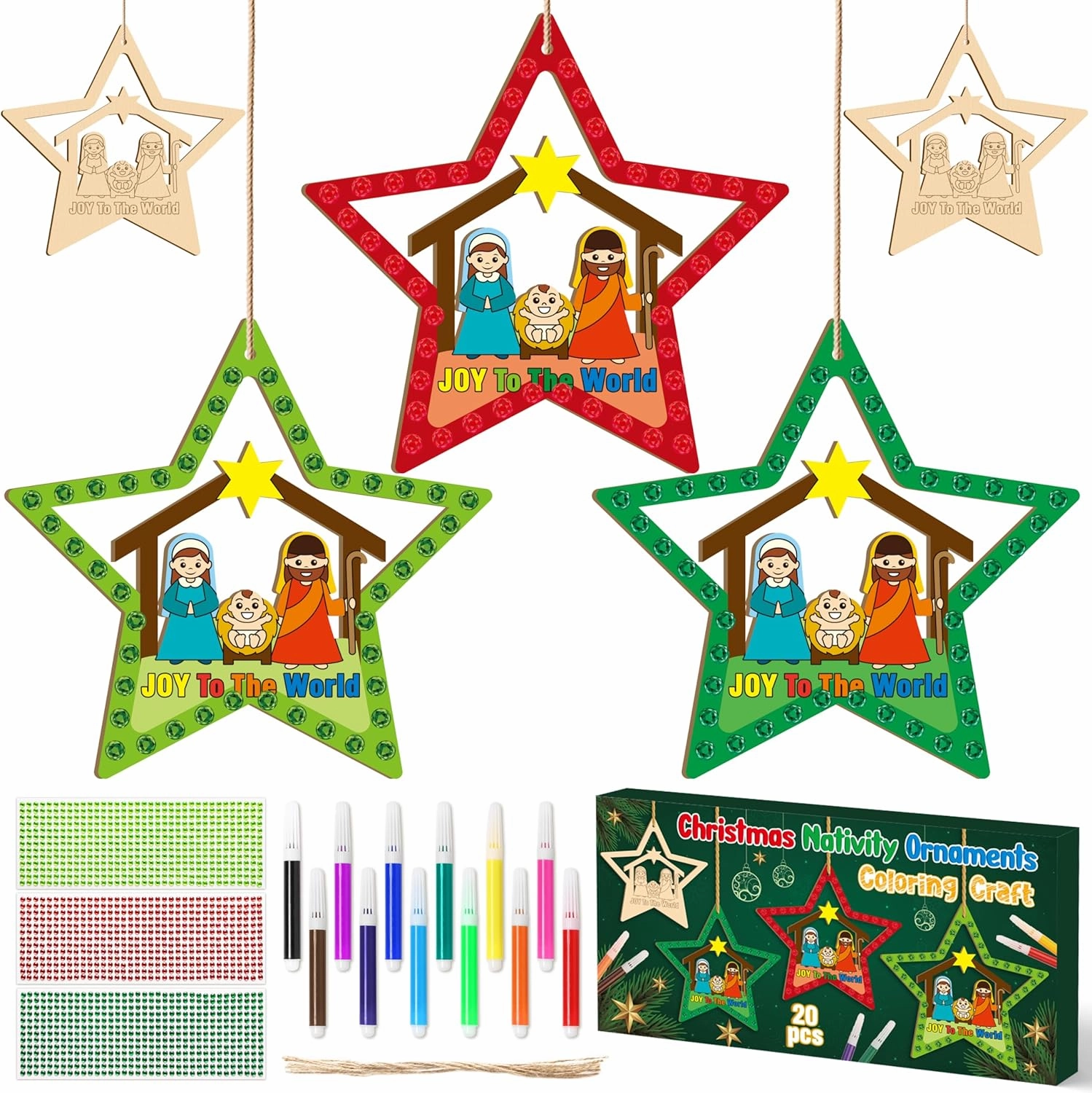 BeYumi Christmas Wooden Star Craft - 20Pcs DIY Wooden Star Ornaments Craft Kit for Kids Make Your Own Nativity Star Christian Religious Xmas Craft with Gem Sticker Church Party Decoration Supplies