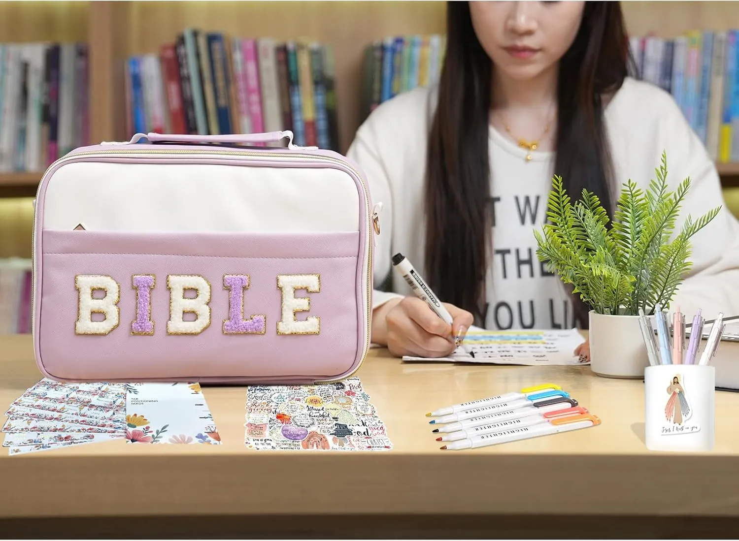 Bible Cover Case for Women,Large Leather Bible Book Covers with Bible Study Supplies, Bible Study Accessories Bible Journaling Kit,Purple Church Bag Christian Gifts for Women