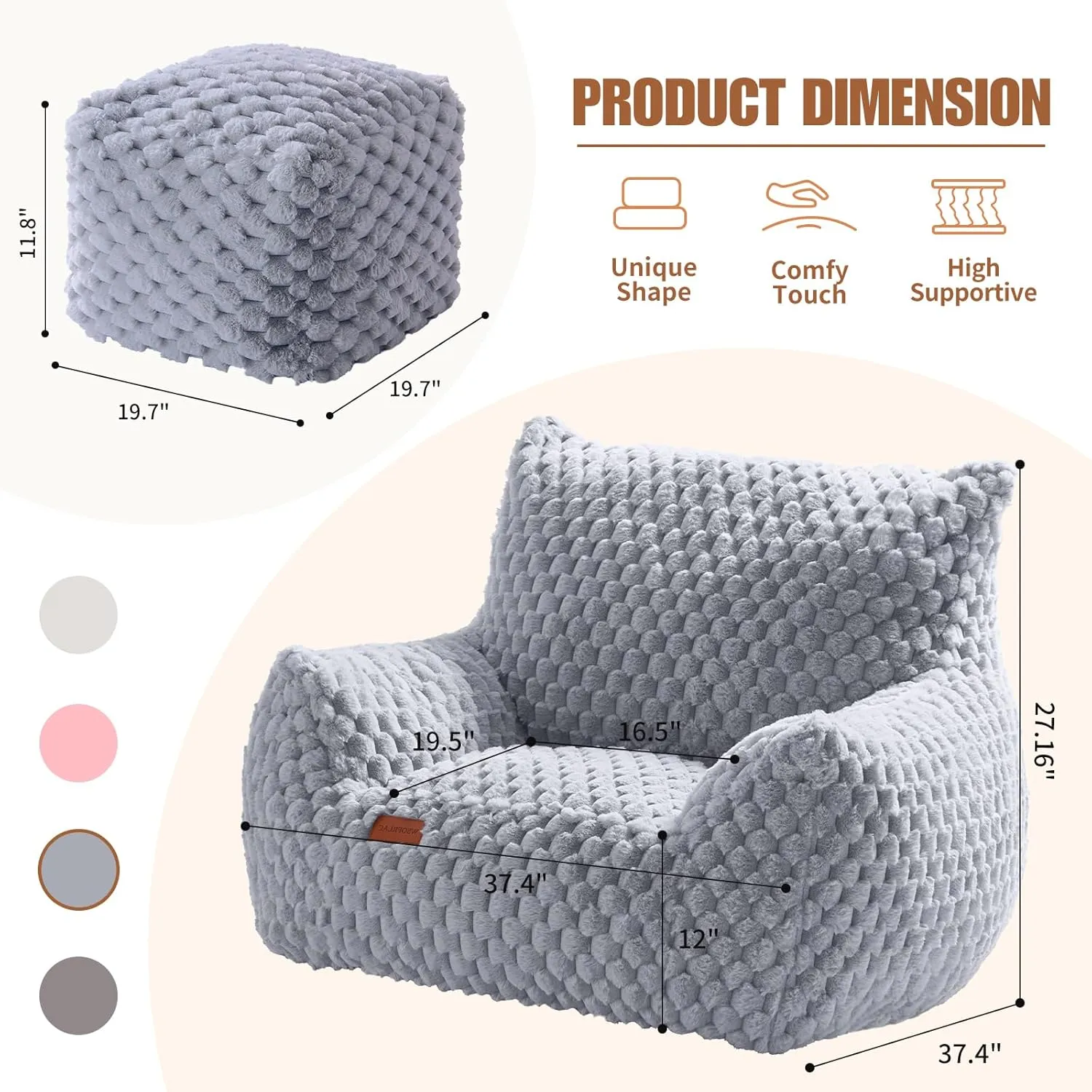 Big Bean Bag Chairs for Adults Cozy Giant Bean Bag Sofa Chair, Gaming Bean Bag Chairs with Foot Rest, Lounge Comfy Chair Indoor for Bedroom, Living Room