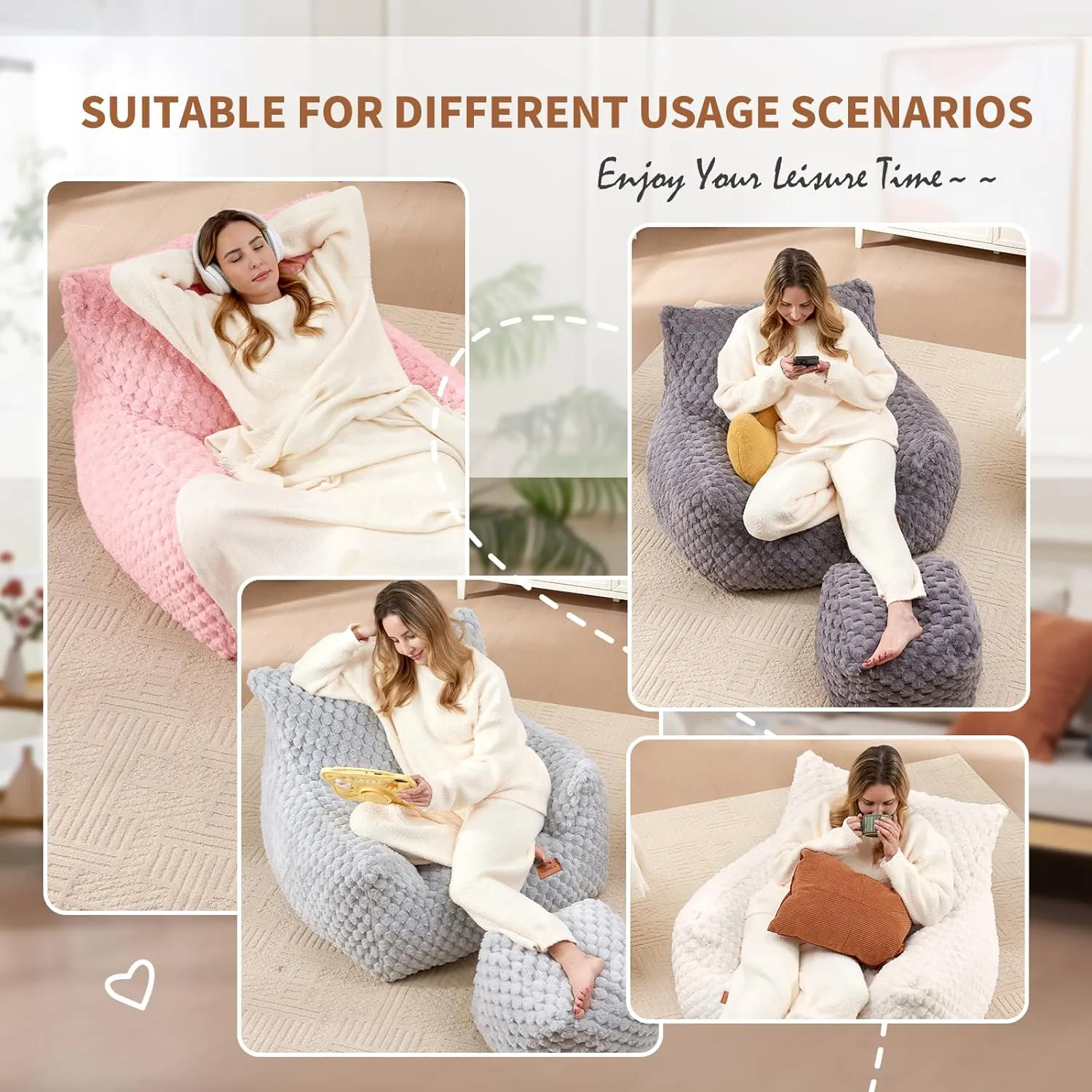 Big Bean Bag Chairs for Adults Cozy Giant Bean Bag Sofa Chair, Gaming Bean Bag Chairs with Foot Rest, Lounge Comfy Chair Indoor for Bedroom, Living Room