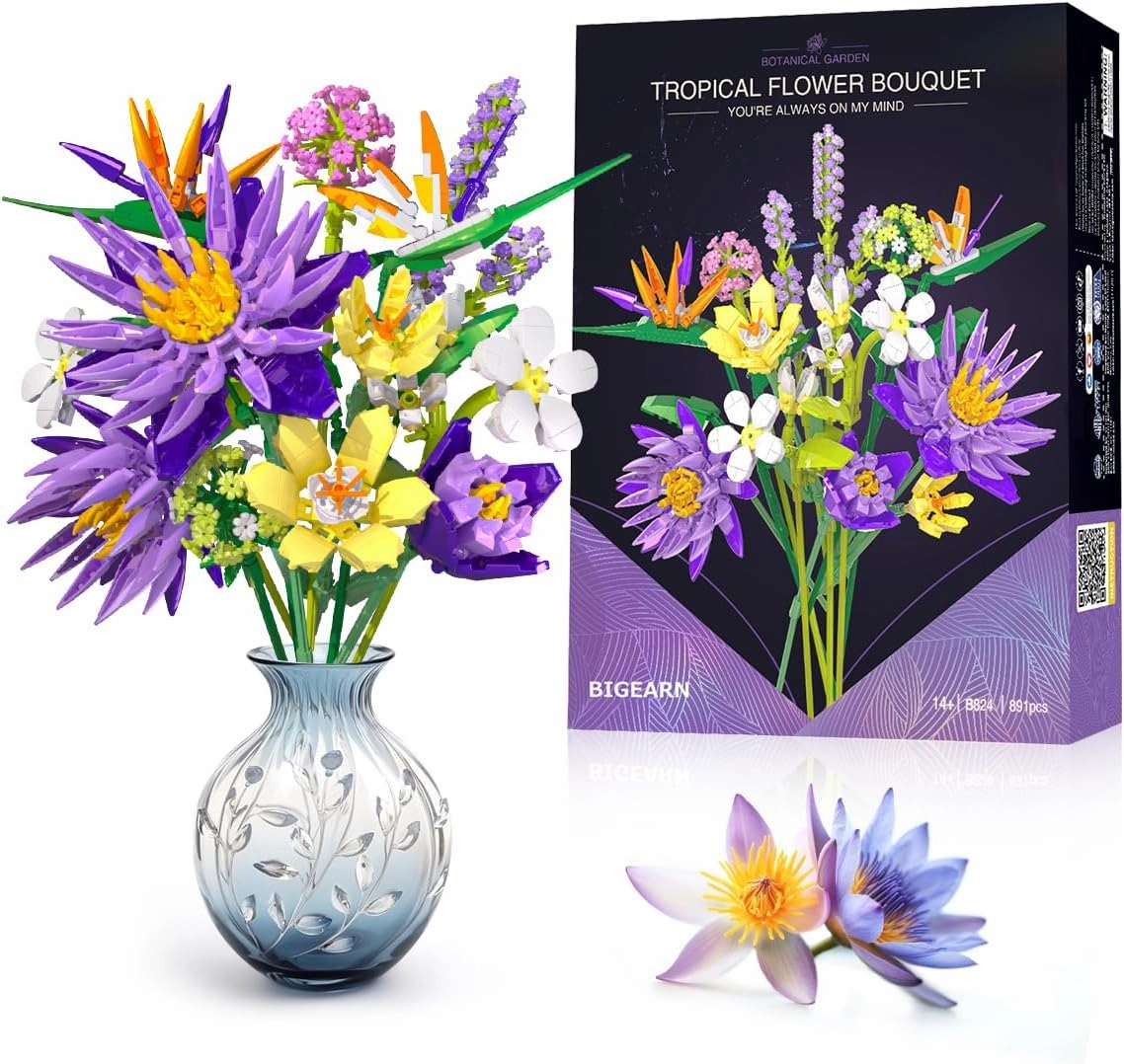 BIGEARN Flowers Bouquet Building Set for Adults - Botanical Collection - Artificial Flowers for Home Deco - Gift for Birthday, Mother's Day for Her and Women