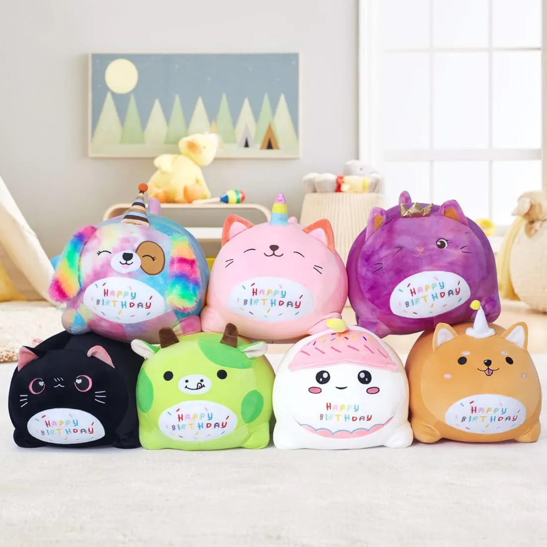 Birthday Cat Plush Pillow, Soft Purple Cat Stuffed Animal Toy (15.7inch)