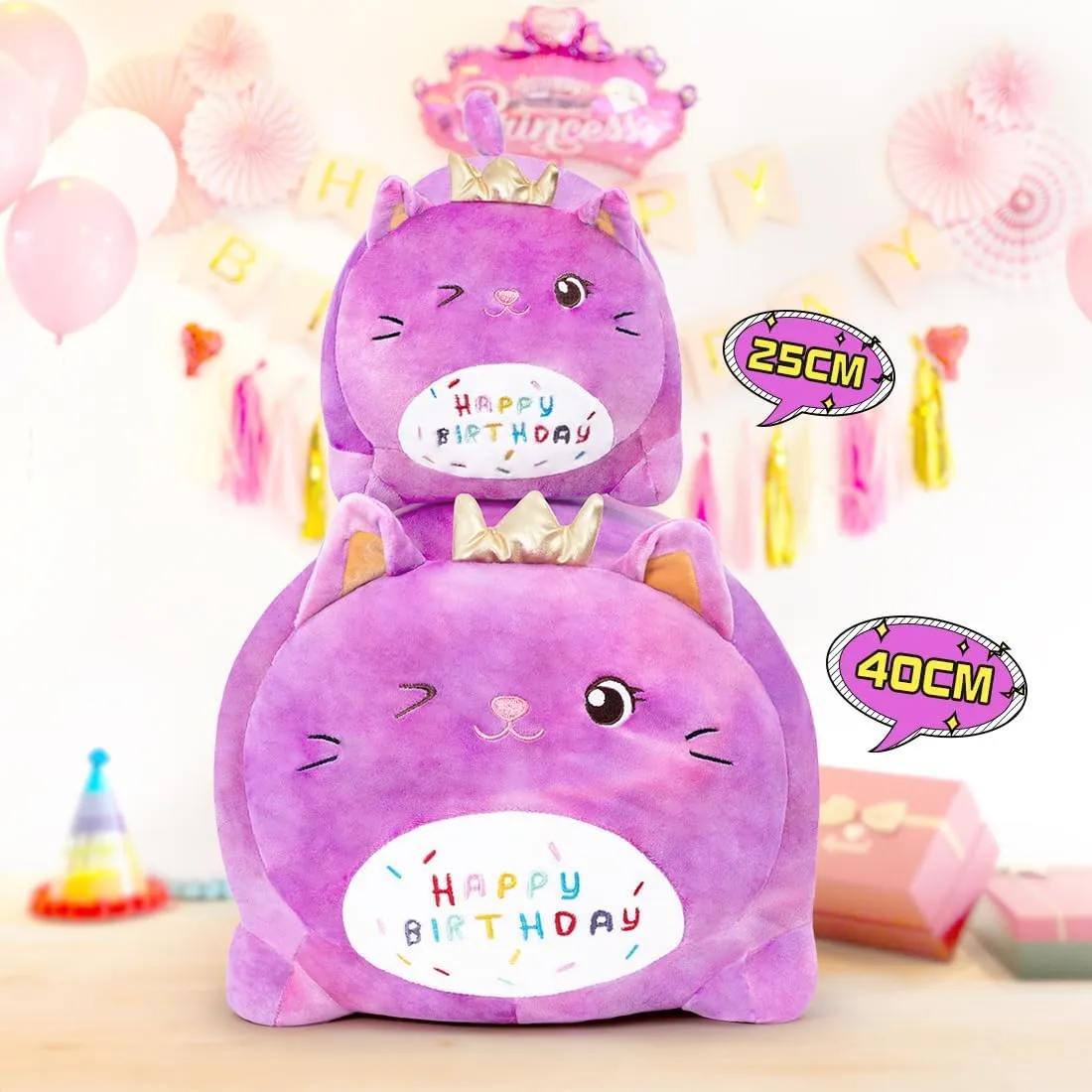Birthday Cat Plush Pillow, Soft Purple Cat Stuffed Animal Toy (15.7inch)