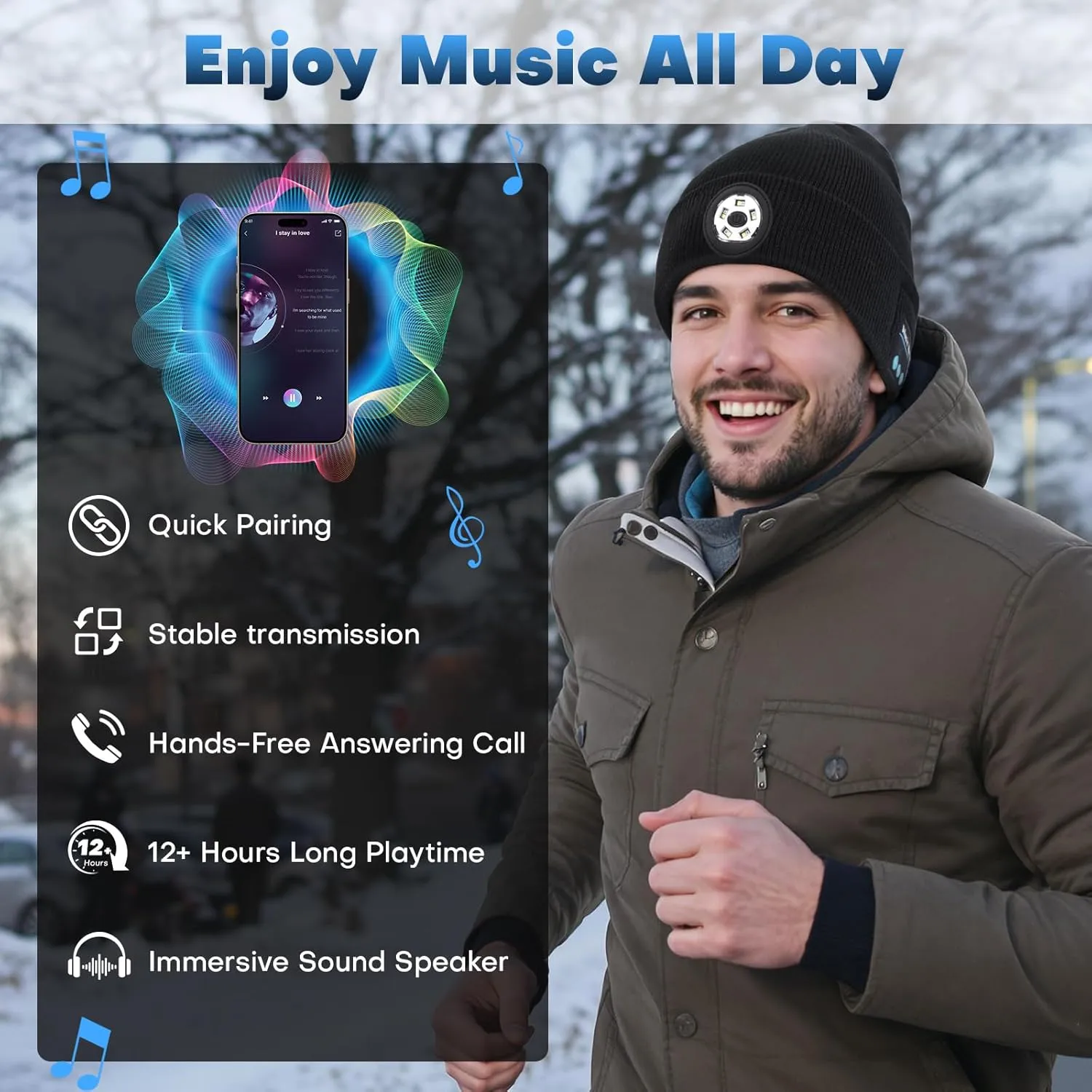 Bluetooth Beanie with Light, 2024 New Musical Knitted Hat with Headphone, Built-in Stereo Speakers Mic, 5 LED Super Bright, USB-C Charging, Cool Gadgets for Men Dad Camping Running Fishing Black