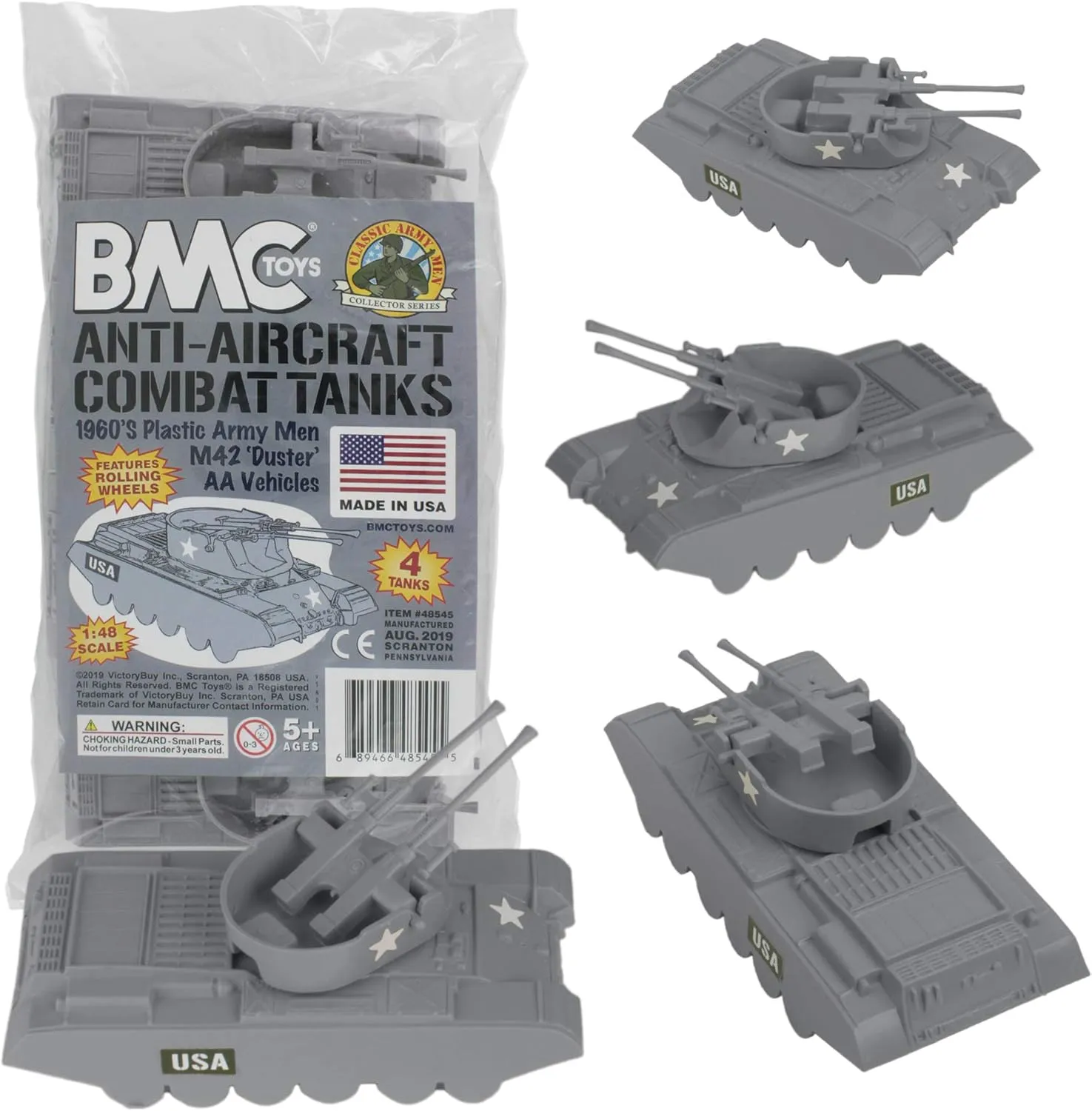 BMC Classic Payton Anti-Aircraft Tanks - 4pc Gray Plastic Army Men Vehicles