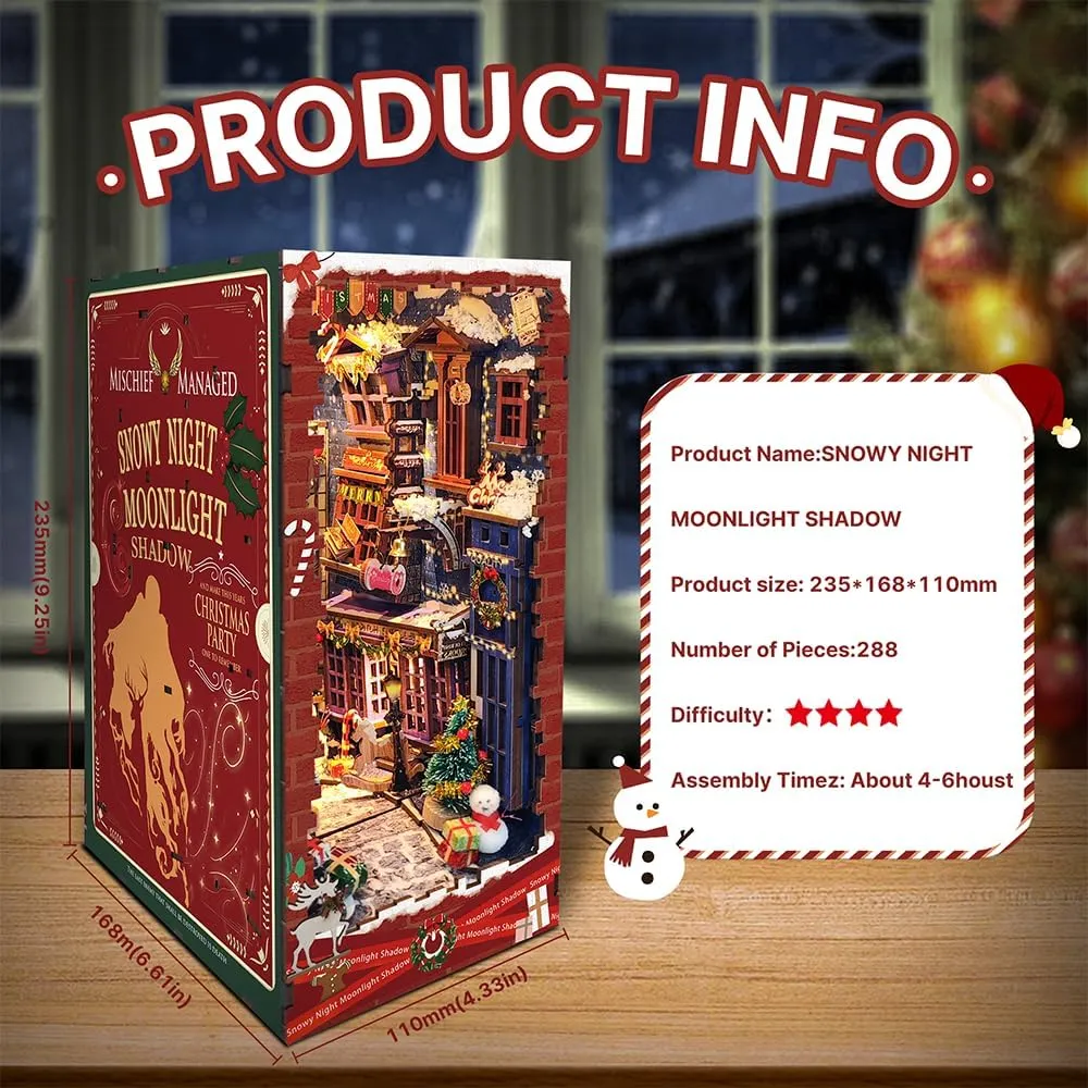 Book nooks DIY Dollhouse kit for Adults Bookshelf Decor with LED Lights 3D Wooden Puzzle Model booknooks Kits Gifts for Family,Friends (Snowy Night)