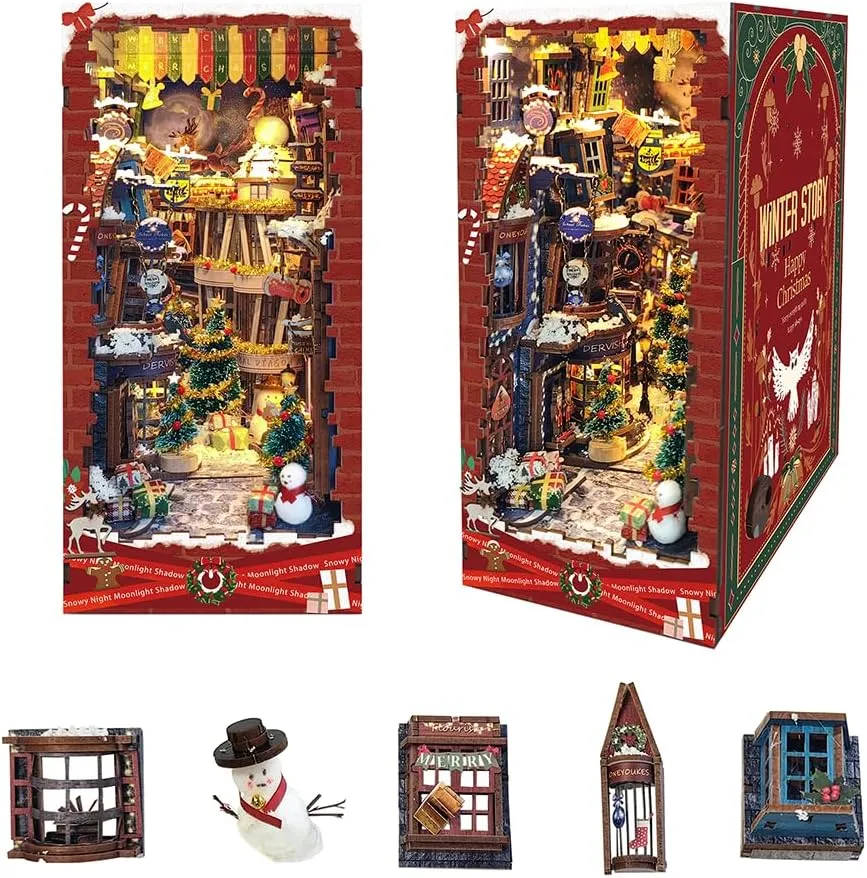 Book nooks DIY Dollhouse kit for Adults Bookshelf Decor with LED Lights 3D Wooden Puzzle Model booknooks Kits Gifts for Family,Friends (Snowy Night)