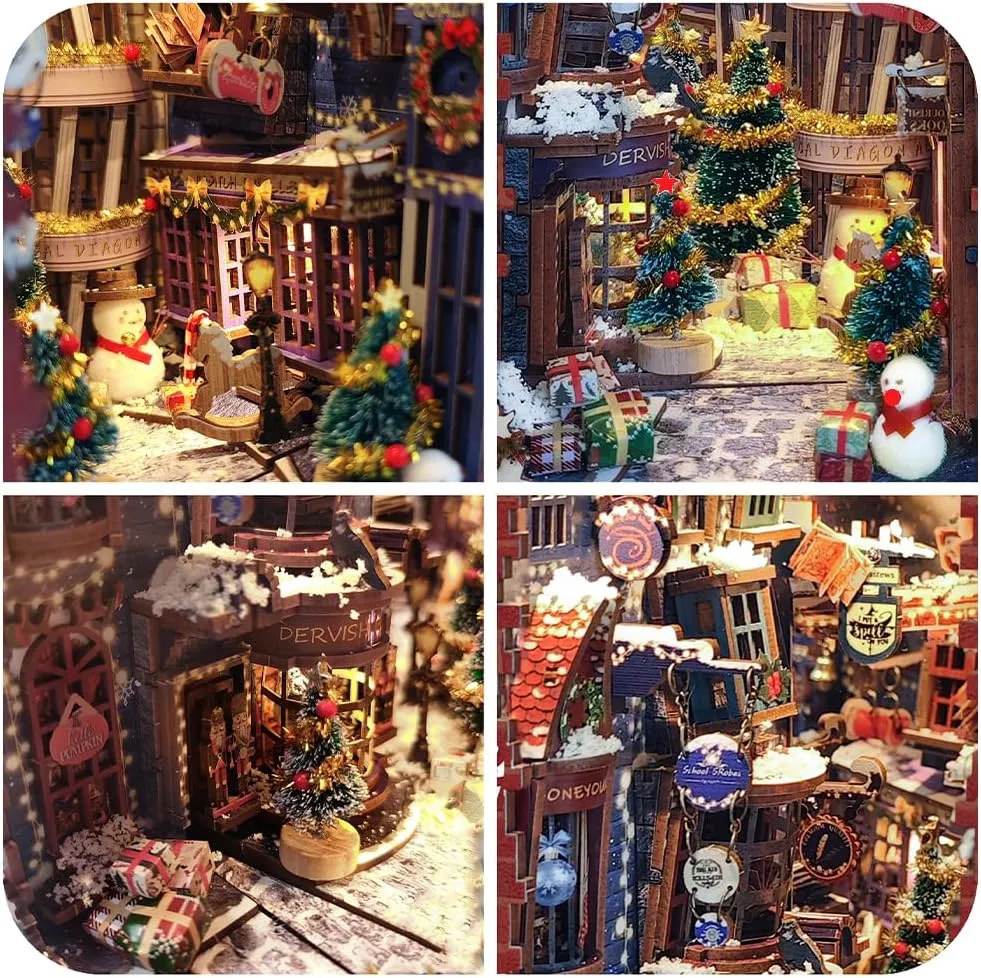 Book nooks DIY Dollhouse kit for Adults Bookshelf Decor with LED Lights 3D Wooden Puzzle Model booknooks Kits Gifts for Family,Friends (Snowy Night)