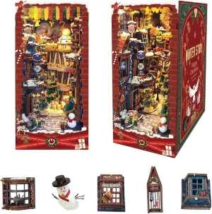 Book nooks DIY Dollhouse kit for Adults Bookshelf Decor with LED Lights 3D Wooden Puzzle Model booknooks Kits Gifts for Family,Friends (Snowy Night)