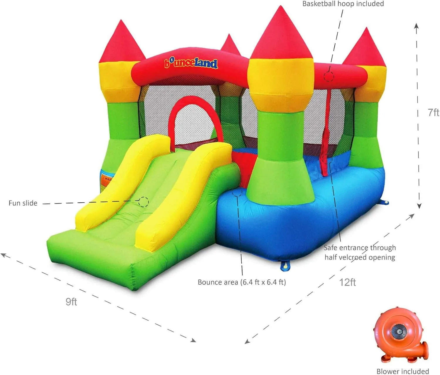 Bounceland Bounce House Castle with Basketball Hoop Inflatable Bouncer, Fun Slide, Safe Entrance Opening, UL Certified Strong Blower Included, 12 ft x 9 ft x 7 ft H