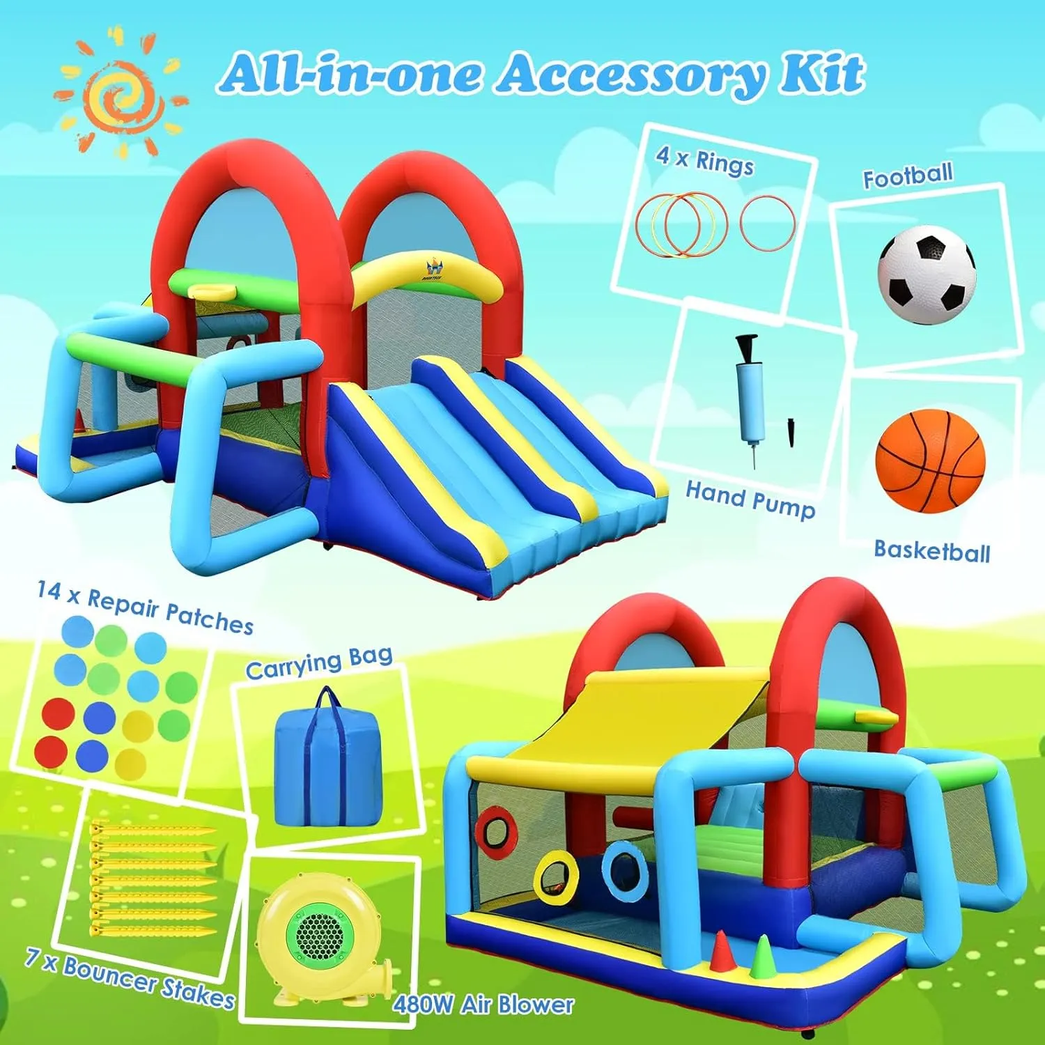 BOUNTECH Inflatable Bounce House, Bouncy House with Ball Pit for Kids Indoor Outdoor Party Family with Canopy, Obstacles, Toddler Bounce House with 480w Blower Included for Park, Birthday Party Gifts