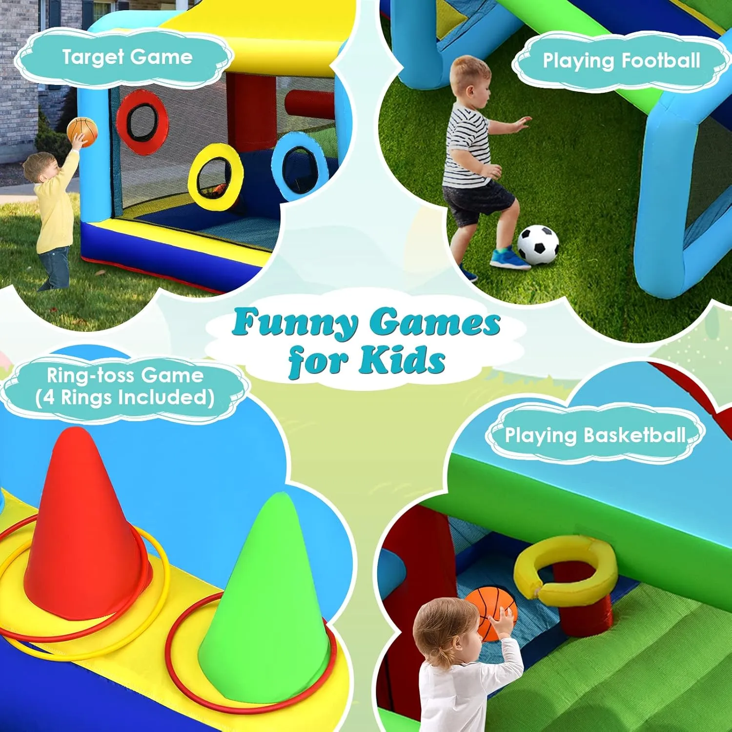 BOUNTECH Inflatable Bounce House, Bouncy House with Ball Pit for Kids Indoor Outdoor Party Family with Canopy, Obstacles, Toddler Bounce House with 480w Blower Included for Park, Birthday Party Gifts