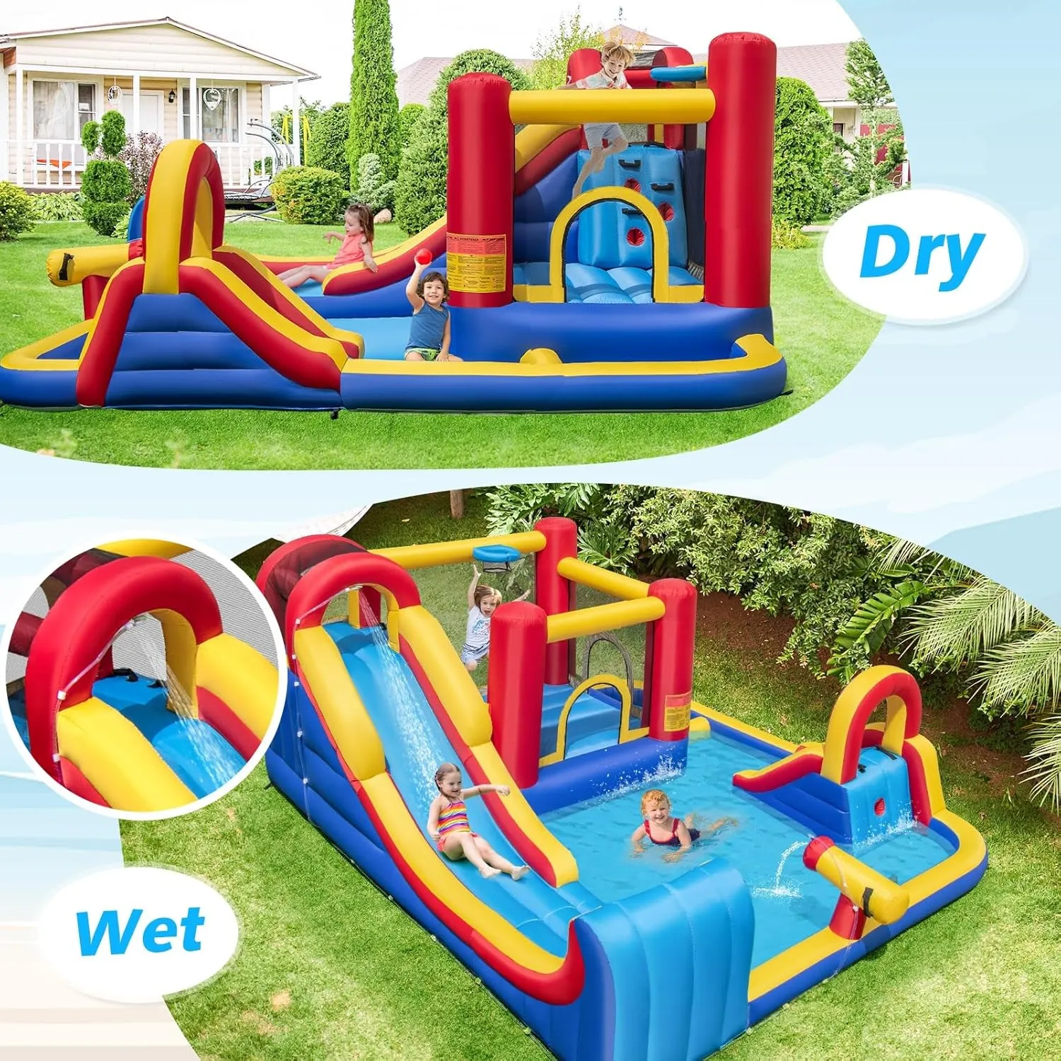 BOUNTECH Inflatable Water Slide, 7-in-1 Surfing Slide Kids Water Park Jump Castle, Water Slides Inflatables for Outdoor w/Big Splash Pool, Big Kids Backyard Party Water Slide Bounce House with Blower