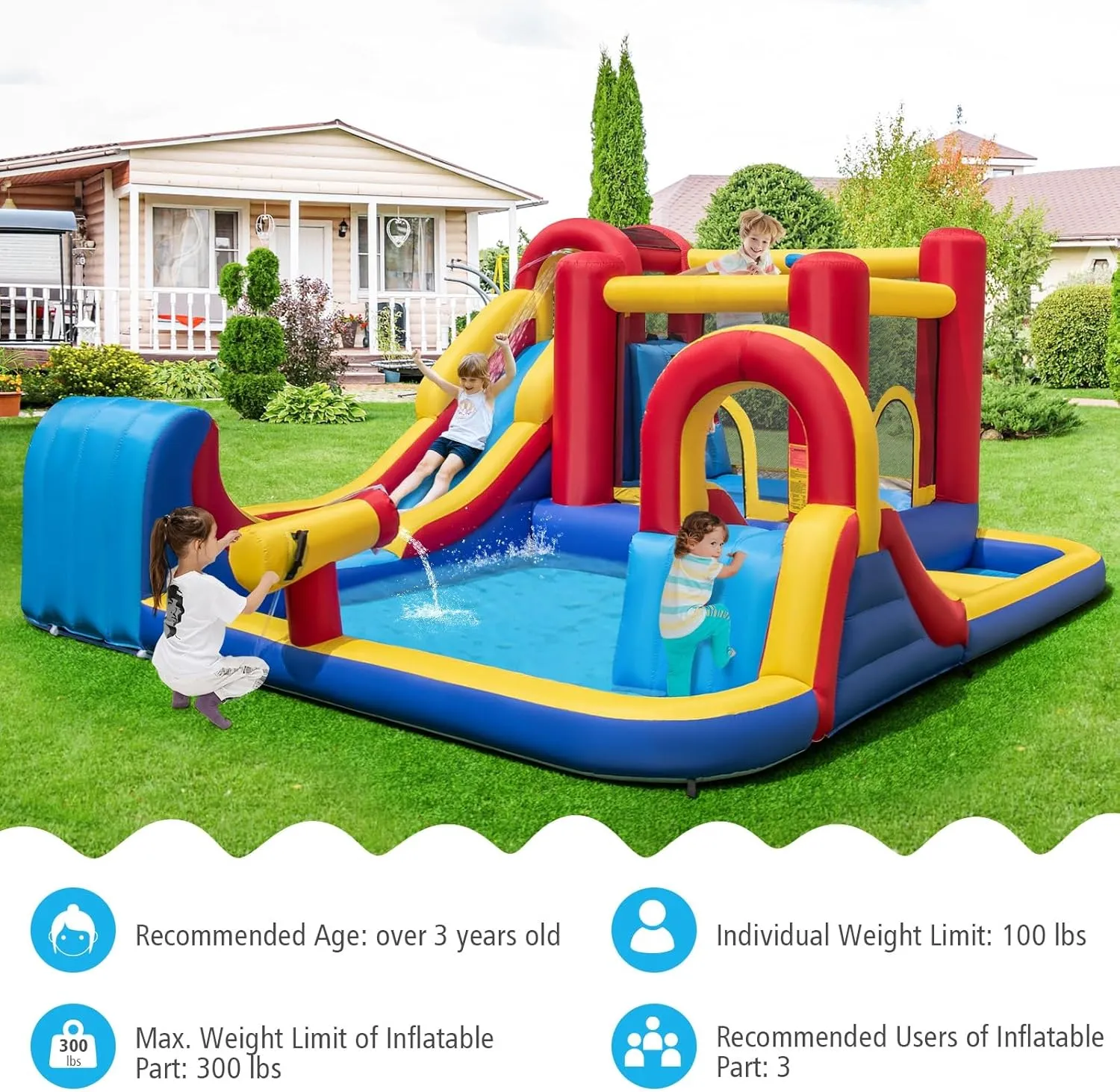 BOUNTECH Inflatable Water Slide, 7-in-1 Surfing Slide Kids Water Park Jump Castle, Water Slides Inflatables for Outdoor w/Big Splash Pool, Big Kids Backyard Party Water Slide Bounce House with Blower