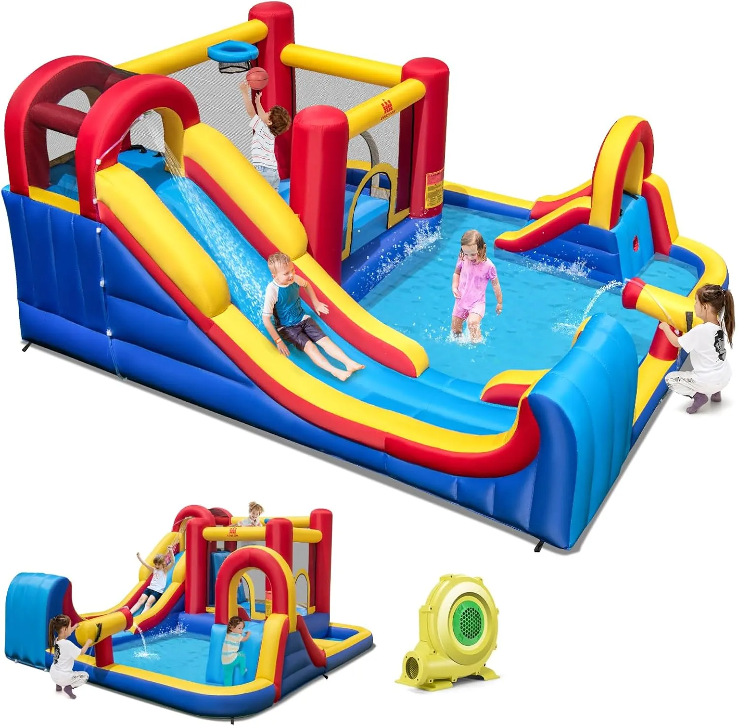 BOUNTECH Inflatable Water Slide, 7-in-1 Surfing Slide Kids Water Park Jump Castle, Water Slides Inflatables for Outdoor w/Big Splash Pool, Big Kids Backyard Party Water Slide Bounce House with Blower