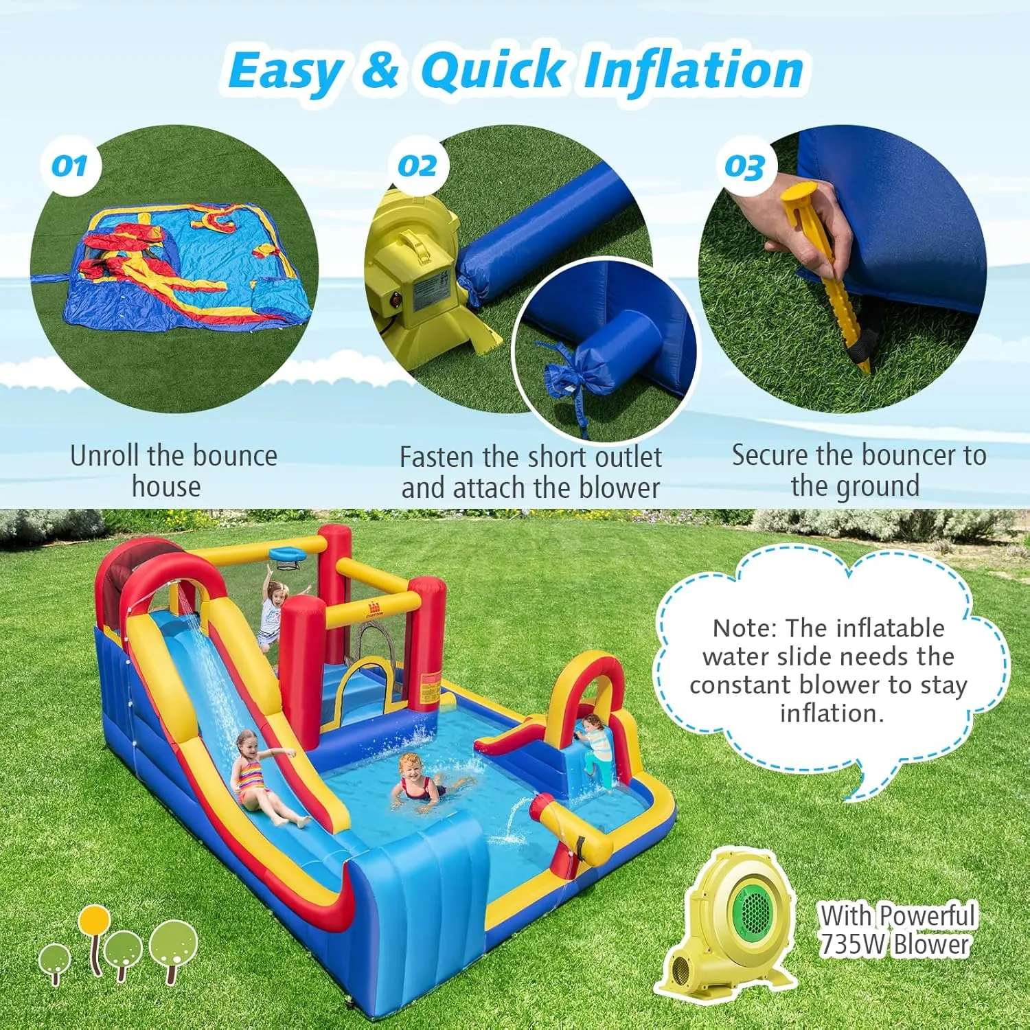 BOUNTECH Inflatable Water Slide, 7-in-1 Surfing Slide Kids Water Park Jump Castle, Water Slides Inflatables for Outdoor w/Big Splash Pool, Big Kids Backyard Party Water Slide Bounce House with Blower