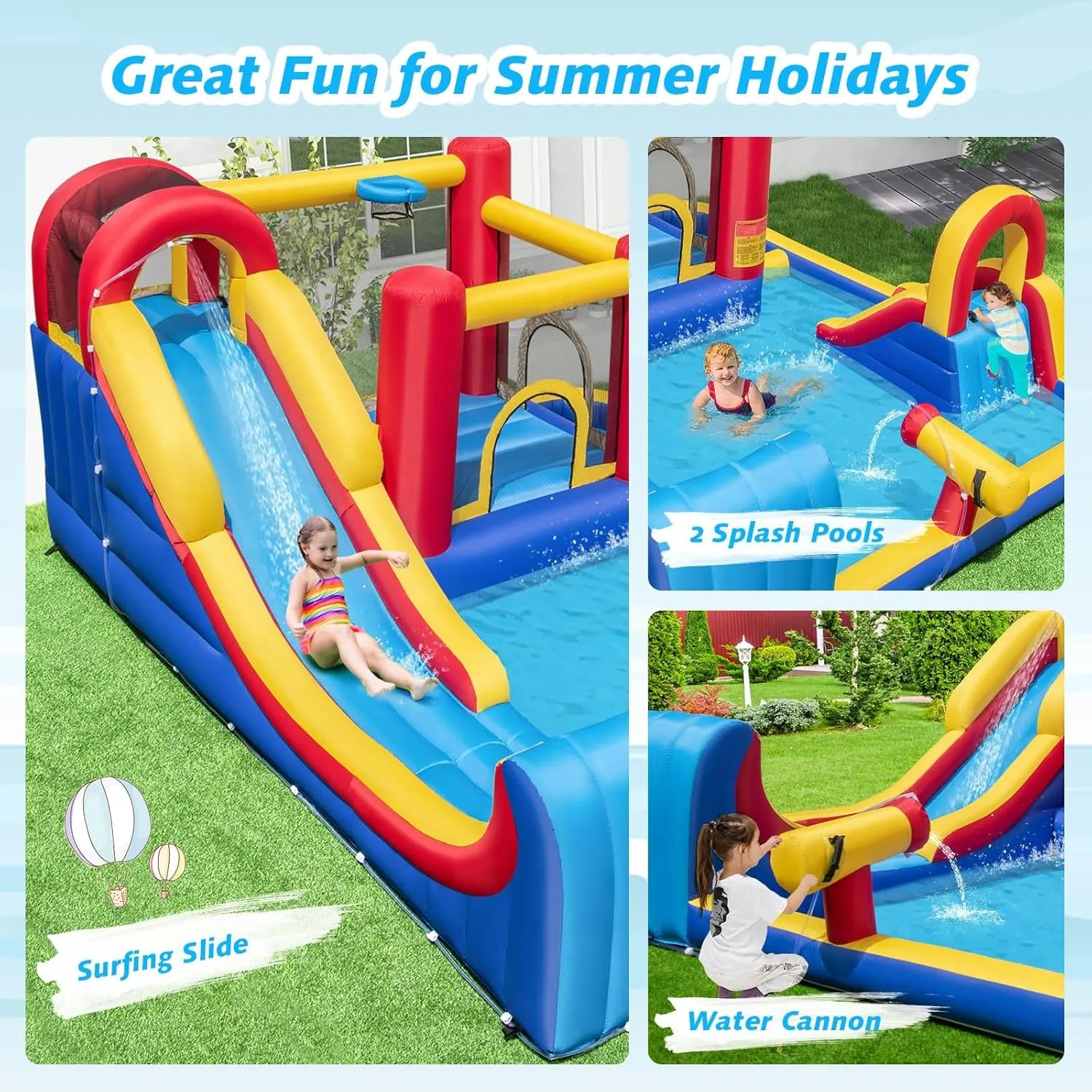 BOUNTECH Inflatable Water Slide, 7-in-1 Surfing Slide Kids Water Park Jump Castle, Water Slides Inflatables for Outdoor w/Big Splash Pool, Big Kids Backyard Party Water Slide Bounce House with Blower