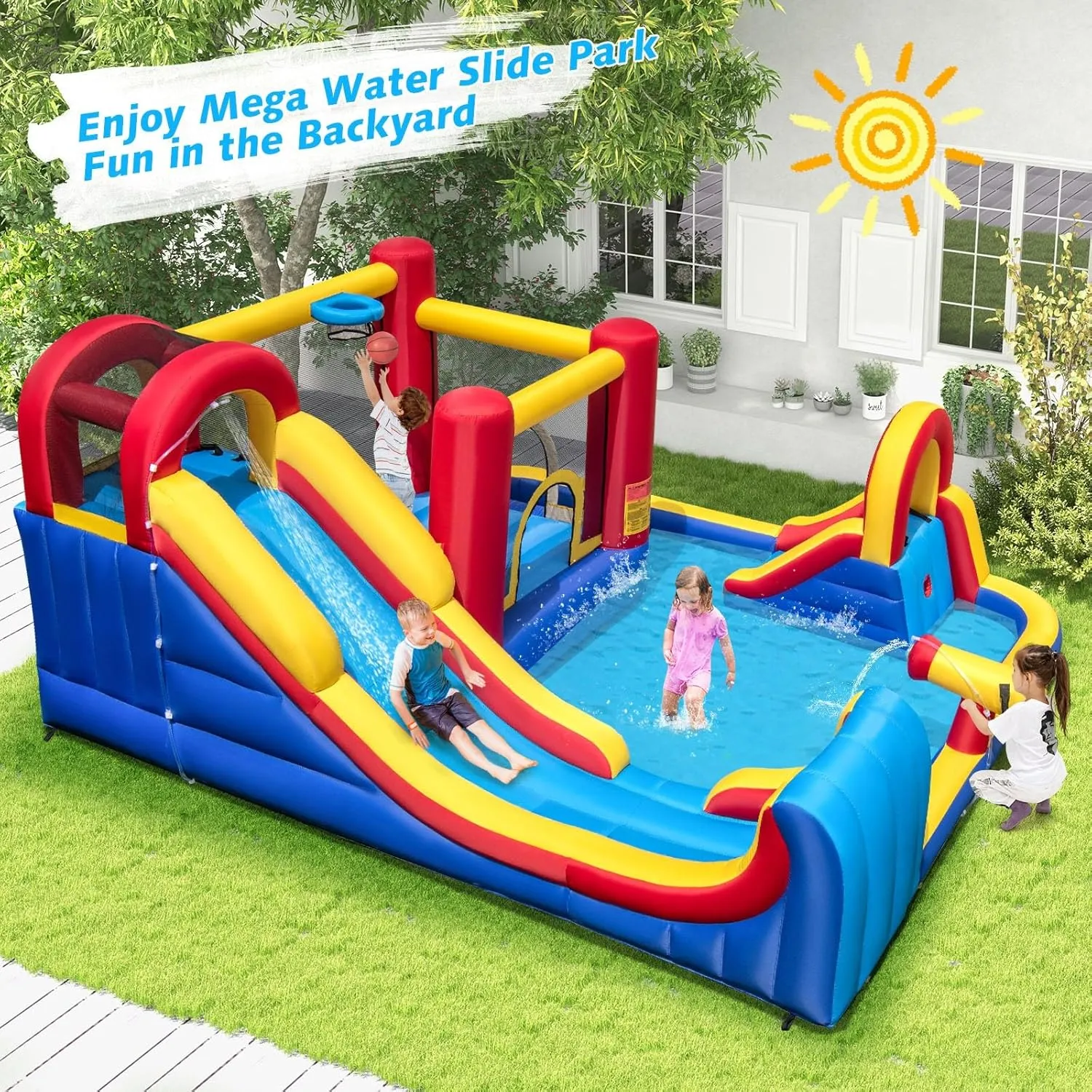 BOUNTECH Inflatable Water Slide, 7-in-1 Surfing Slide Kids Water Park Jump Castle, Water Slides Inflatables for Outdoor w/Big Splash Pool, Big Kids Backyard Party Water Slide Bounce House with Blower