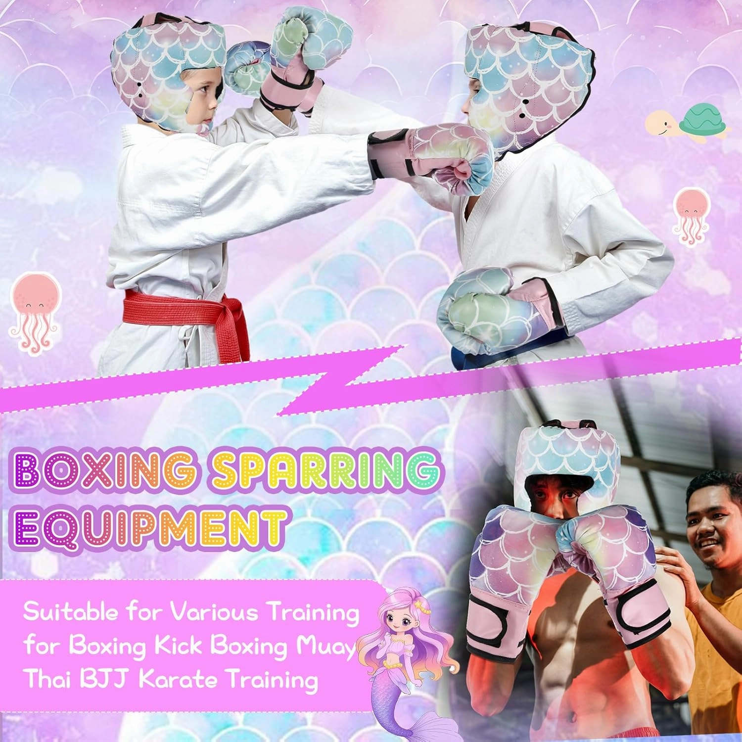 Boxing Headgear and Gloves Set for Kids 6oz Boxing Gloves and Wrestling Headgear Sparring Equipment for Boxing Kickboxing Muay Thai BJJ Karate Training