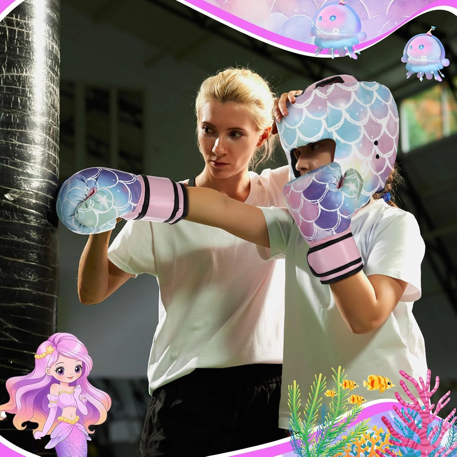 Boxing Headgear and Gloves Set for Kids 6oz Boxing Gloves and Wrestling Headgear Sparring Equipment for Boxing Kickboxing Muay Thai BJJ Karate Training