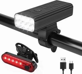 Bright Bike Light Set, Bicycle Front Headlight and Back Taillight, 8 LED 1000 Lumen and 9600mAh USB Rechargeable Bicycle Headlight, 5 Light Modes Front Light and 4 Modes Taillight