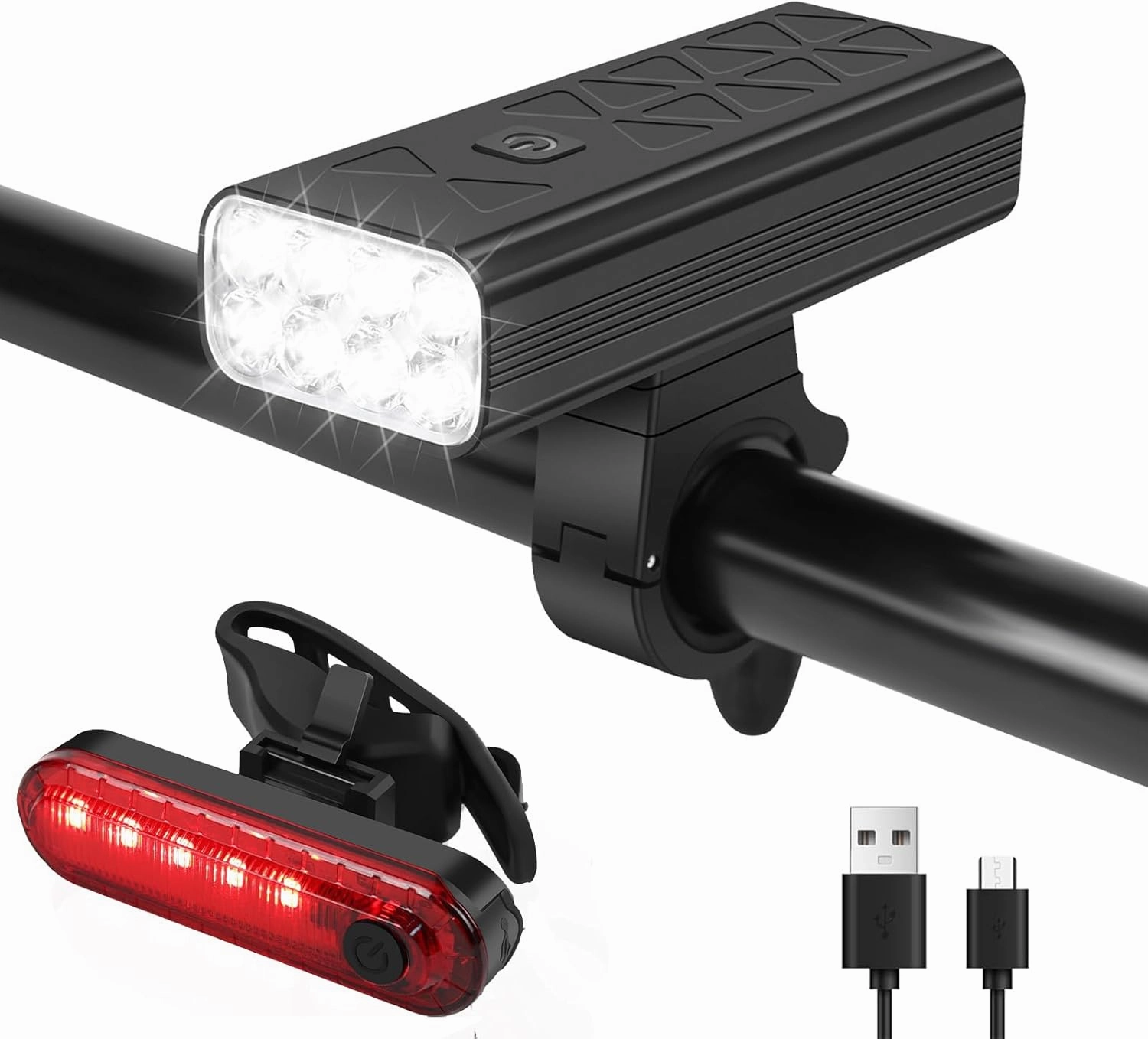 Bright Bike Light Set, Bicycle Front Headlight and Back Taillight, 8 LED 1000 Lumen and 9600mAh USB Rechargeable Bicycle Headlight, 5 Light Modes Front Light and 4 Modes Taillight