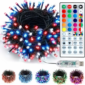 Brizled Color Changing Christmas Lights, 33ft 100 LED RGB Light String with Remote, Dimmable Red White Blue Patriotic Lights, USB Indoor Decorative Lighting Party Xmas Tree Wreath Year-Round Holiday