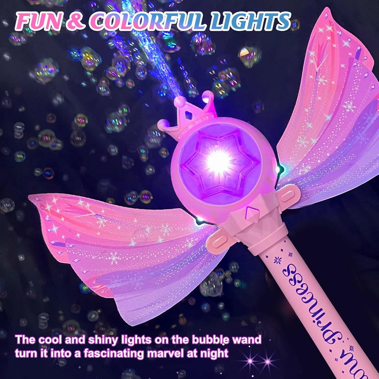 Bubble Wands for Kids Girls - LED Light & Music Bubble Machine: 3 AA Batteries & 2 Bubble Solutions, Outdoor Party Birthday Toys for Toddlers, Gift for 3 4 5 6 7 8 Year Old Girls