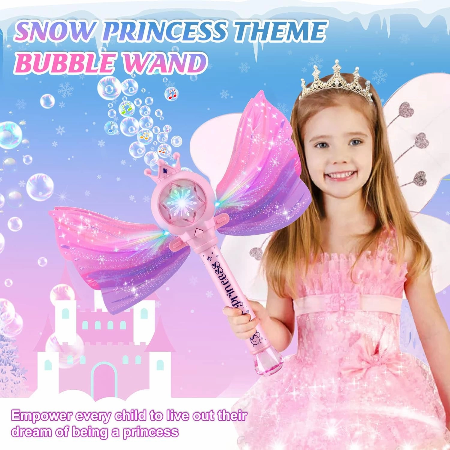 Bubble Wands for Kids Girls - LED Light & Music Bubble Machine: 3 AA Batteries & 2 Bubble Solutions, Outdoor Party Birthday Toys for Toddlers, Gift for 3 4 5 6 7 8 Year Old Girls