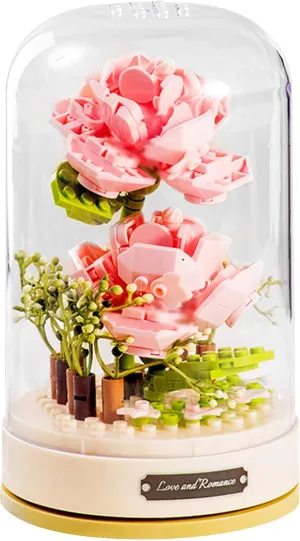 Building Blocks Flowers Bouquet Set with Music Box,Pink Rose Construction Building Bricks Toy with Dust-Proof Dome,Home Decor