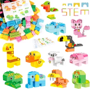 Building Blocks Set for Toddlers, Creative Large Building Bricks, Toy Animals Building Kit, Preschool Learning Educational Toys for Kids Boys Girls Gifts for 3  Years Old (122 Pieces)