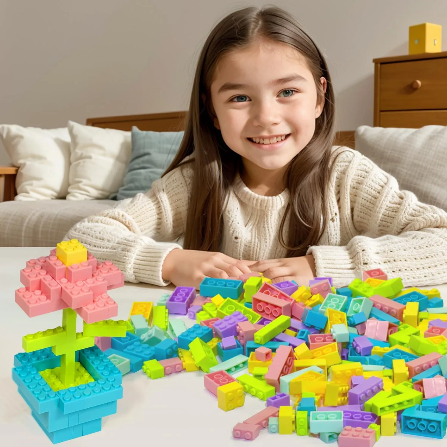 Building Bricks 1000 Pieces in Pastel Colors, Classic Building Blocks Toys for Boys & Girls, Bulk Basic Brick Tiles Building Toys for Kids Aged 4 