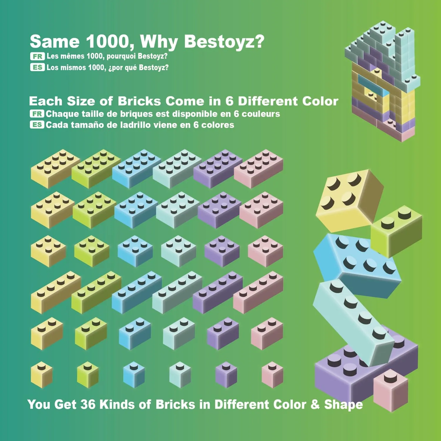 Building Bricks 1000 Pieces in Pastel Colors, Classic Building Blocks Toys for Boys & Girls, Bulk Basic Brick Tiles Building Toys for Kids Aged 4 
