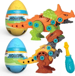 Building Dinosaur Robot Eggs for Toddlers – T-Rex & Velociraptor Construction Toys with Moving Jaws & Tail, Creative Educational Playset for Kids 2-4 Years Old, Motor Skills & Imagination Development