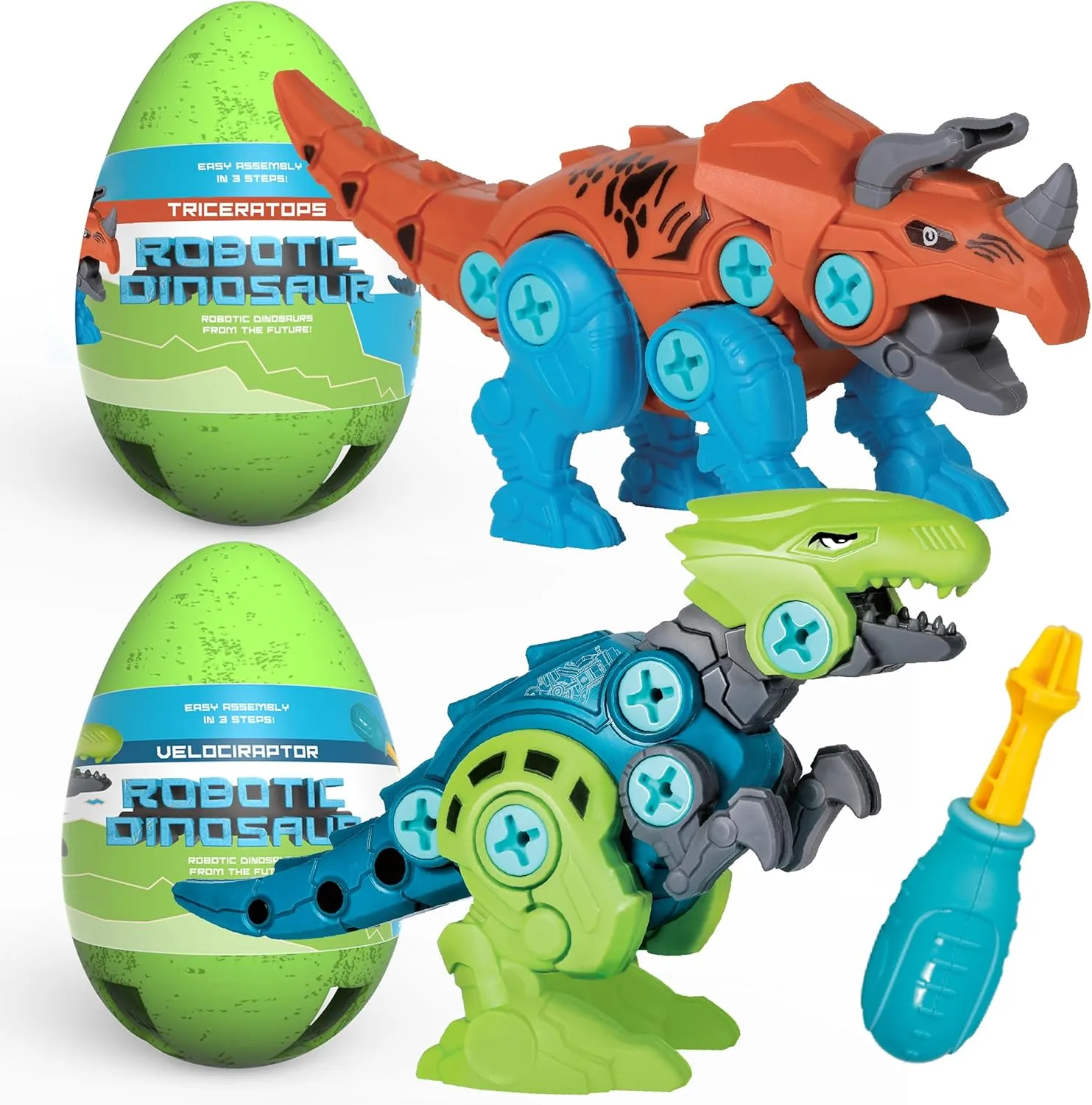 Building Dinosaur Robot Eggs for Toddlers – T-Rex & Velociraptor Construction Toys with Moving Jaws & Tail, Creative Educational Playset for Kids 2-4 Years Old, Motor Skills & Imagination Development