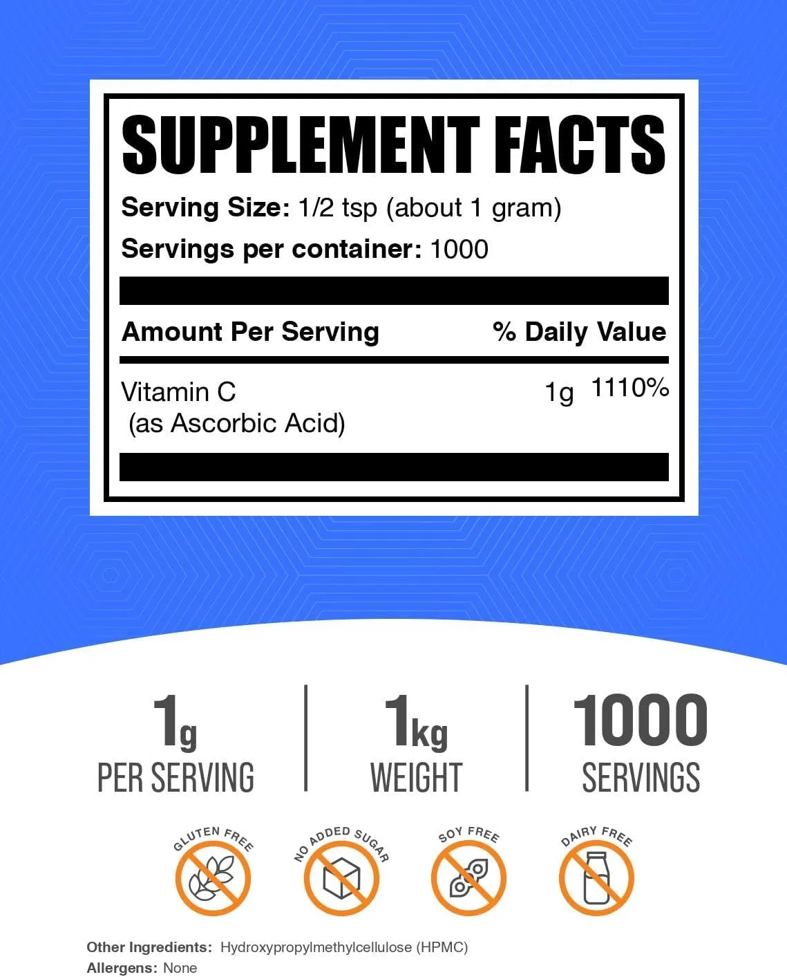 BulkSupplements.com Ascorbic Acid Powder - Vitamin C Supplement, for Immune Support - Ascorbic Acid Food Grade, Gluten Free, 1g per Serving, 1kg (2.2 lbs) (Pack of 1)