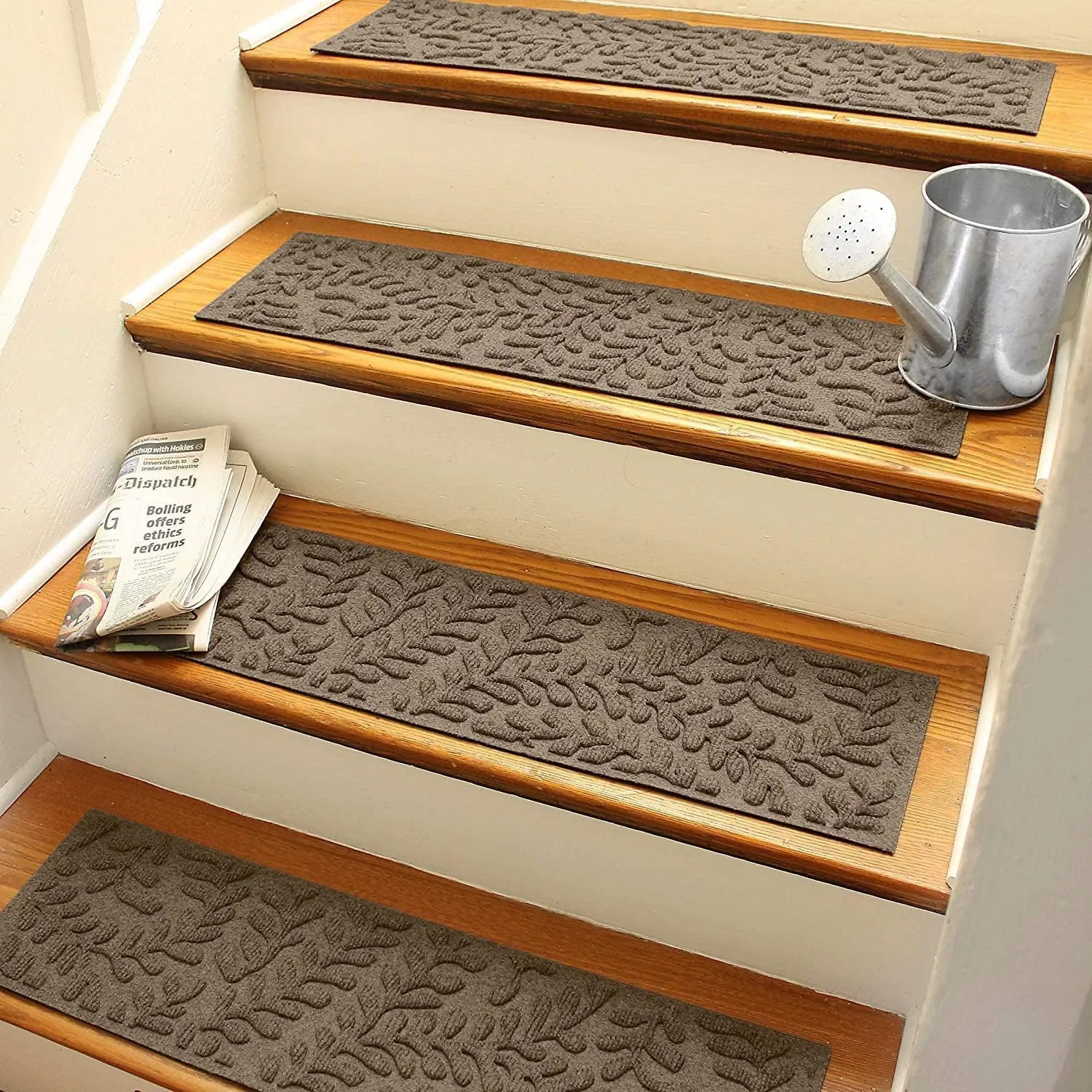 Bungalow Flooring Waterhog Stair Treads, Set of 4, 8-1/2 x 30 inches, Made in USA, Durable and Decorative Floor Covering, Indoor/Outdoor, Water-Trapping, Boxwood Collection, Khaki/Camel