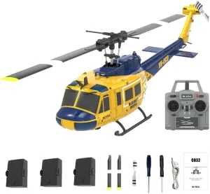 C032 1/48 Scale UH-1 Huey Flybarless RC Helicopter Model with 3 Battery, 2.4G 6CH, Gyro RC Stabilized Aircraft with Altitude Hold & 6 Axis Gyro Stabilized (RTF Version/Yellow-Blue)