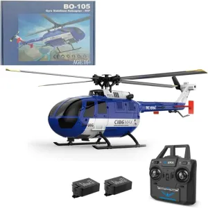C186MAX BO105 RC Helicopter for Adults, 1:48 2.4G 4CH RTF Single Flybarless Direct-Drive RC Helicopter Outdoor Optical Flow Positioning 6-axis Gyroscope Low Voltage Alarm (2 Batteries)