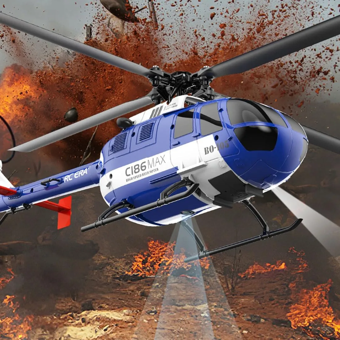 C186MAX BO105 RC Helicopter for Adults, 1:48 2.4G 4CH RTF Single Flybarless Direct-Drive RC Helicopter Outdoor, RC Aircraft Optical Flow Positioning 6-axis Gyroscope Low Voltage Alarm (2 Batteries)