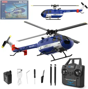 C186MAX BO105 Remote Control Helicopter New Upgrades 6-axis Gyroscope 2.4G 4CH Single Flybarless Helicopter with Optical Flow Positioning Low Voltage Alarm - RTF RC Version/1 Battery