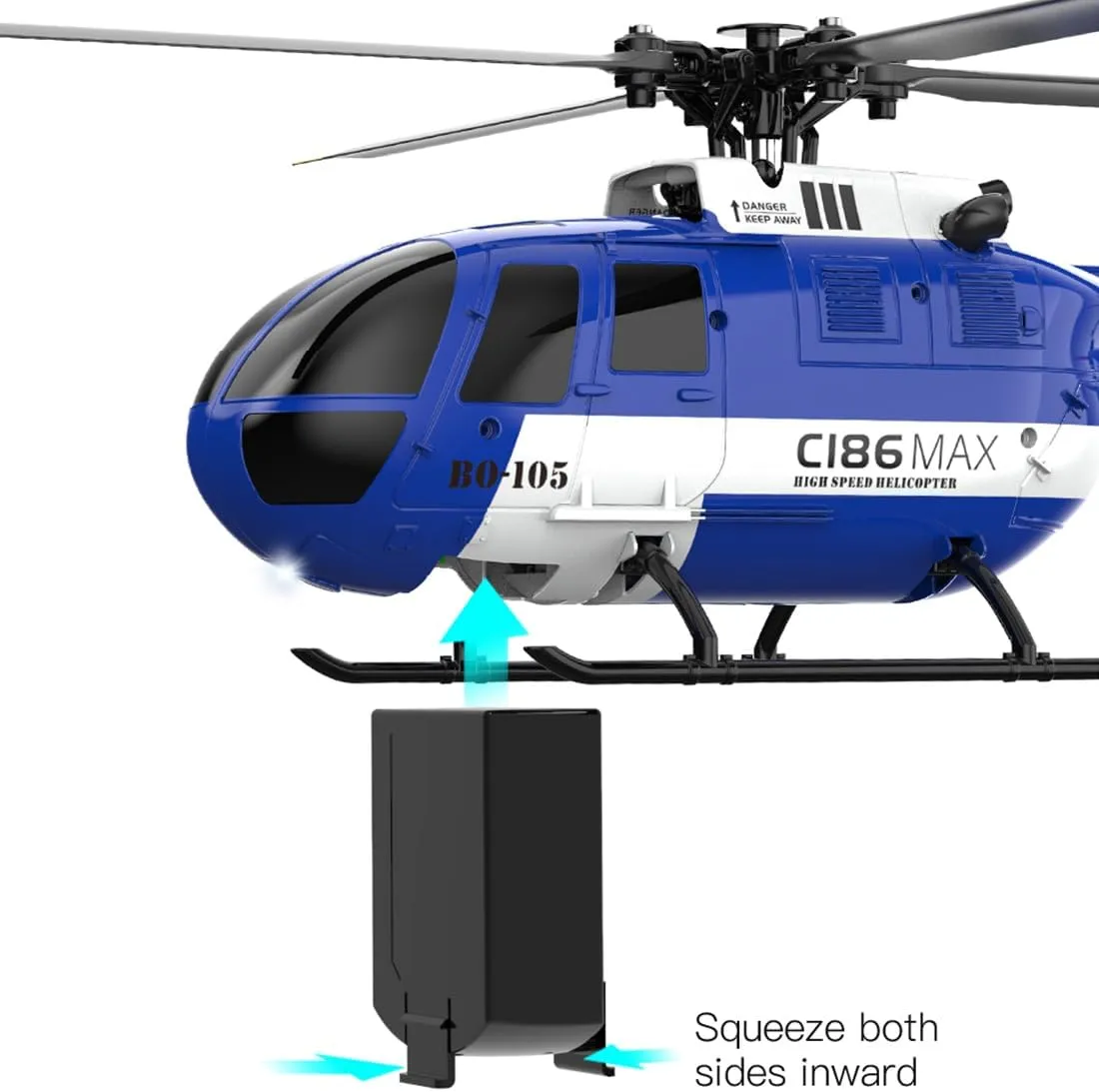C186MAX BO105 Remote Control Helicopter New Upgrades 6-axis Gyroscope 2.4G 4CH Single Flybarless Helicopter with Optical Flow Positioning Low Voltage Alarm - RTF RC Version/1 Battery