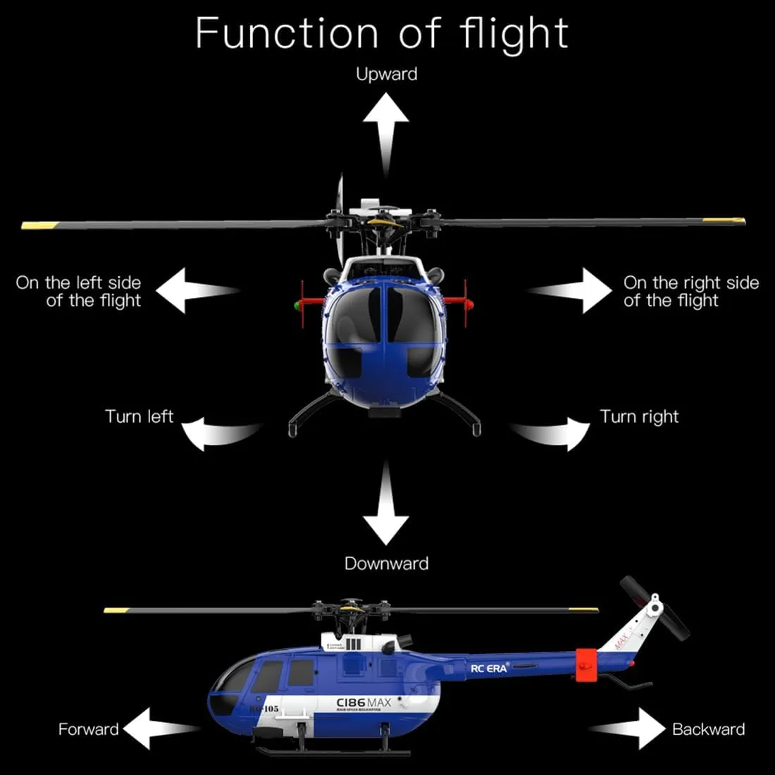C186MAX BO105 Remote Control Helicopter New Upgrades 6-axis Gyroscope 2.4G 4CH Single Flybarless Helicopter with Optical Flow Positioning Low Voltage Alarm - RTF RC Version/1 Battery
