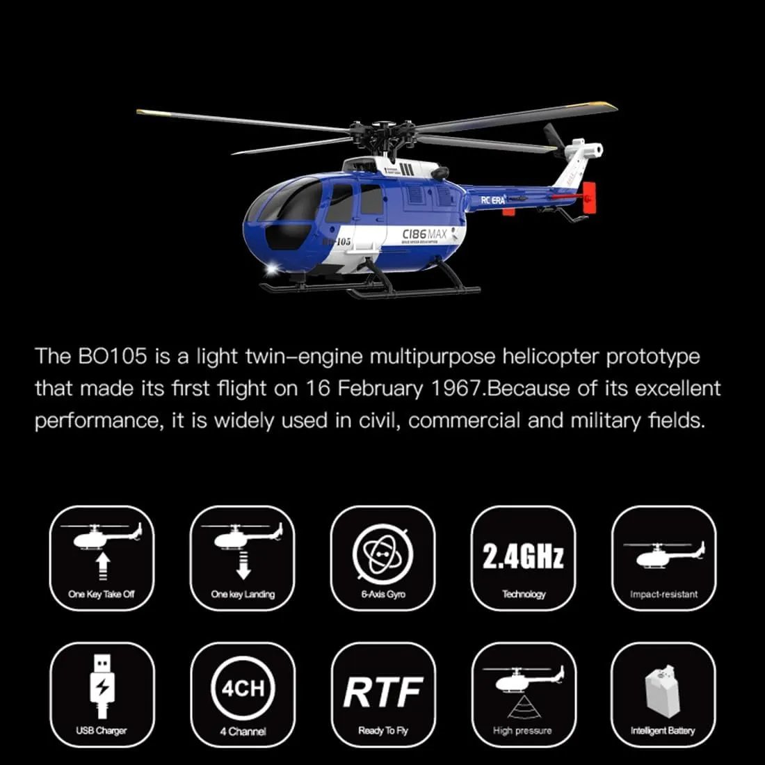 C186MAX BO105 Remote Control Helicopter New Upgrades 6-axis Gyroscope 2.4G 4CH Single Flybarless Helicopter with Optical Flow Positioning Low Voltage Alarm - RTF RC Version/1 Battery