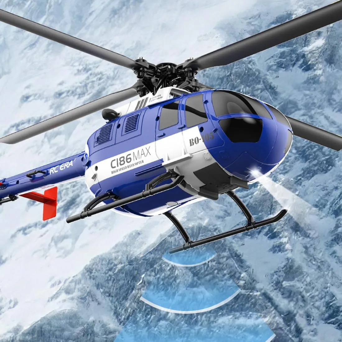 C186MAX BO105 Remote Control Helicopter New Upgrades 6-axis Gyroscope 2.4G 4CH Single Flybarless Helicopter with Optical Flow Positioning Low Voltage Alarm - RTF RC Version/1 Battery